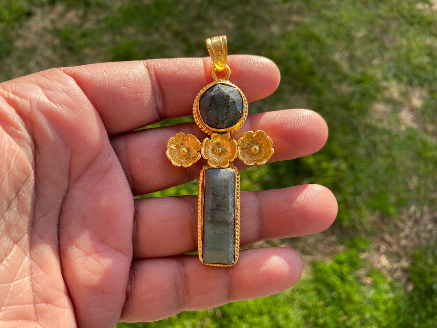 Labradorite Gemstone Brushed Gold Overlay Pendant, Non Tarnish, Natural Stone Pendant for Necklace, Perfect for Simple Chain Necklace