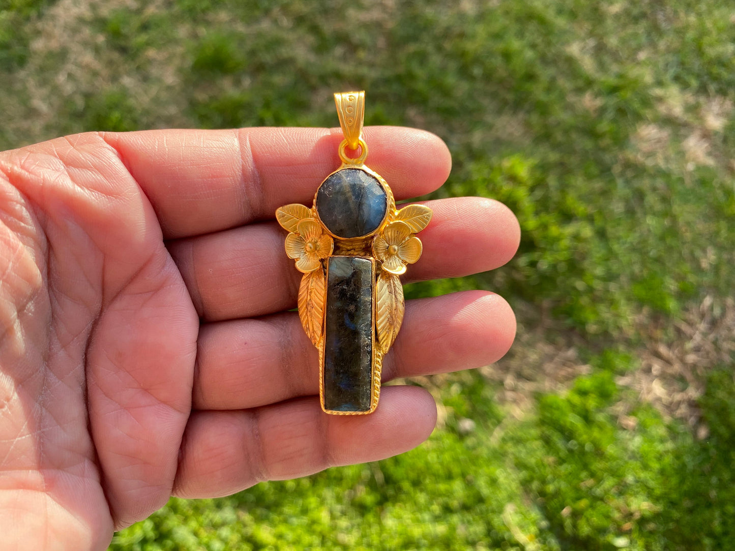 Labradorite Gemstone Brushed Gold Overlay Pendant, Non Tarnish, Natural Stone Pendant for Necklace, Perfect for Simple Chain Necklace