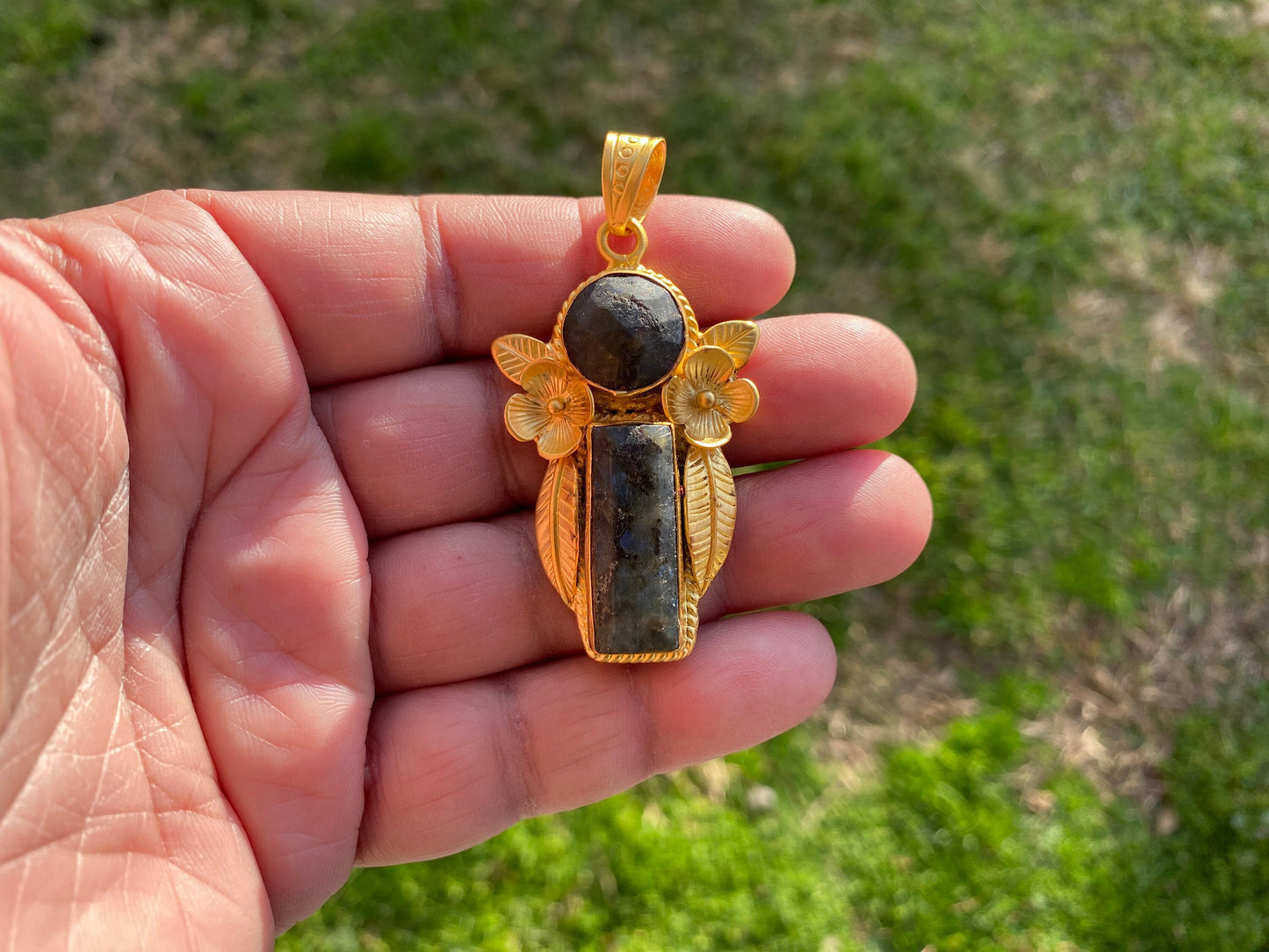 Labradorite Gemstone Brushed Gold Overlay Pendant, Non Tarnish, Natural Stone Pendant for Necklace, Perfect for Simple Chain Necklace