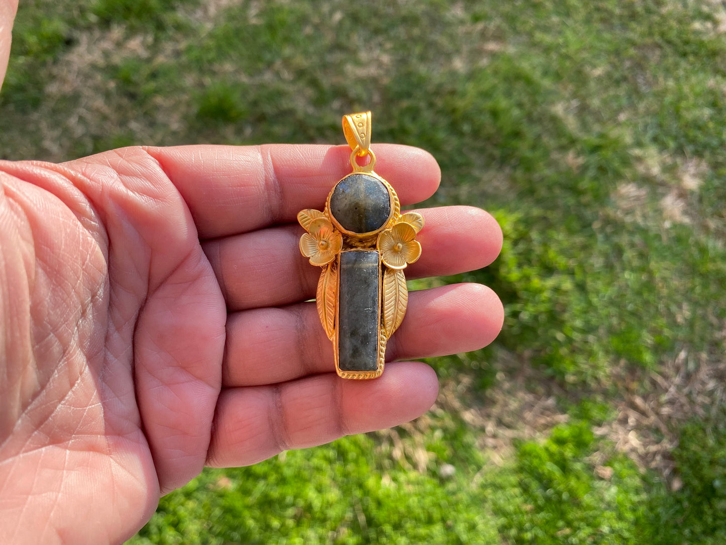 Labradorite Gemstone Brushed Gold Overlay Pendant, Non Tarnish, Natural Stone Pendant for Necklace, Perfect for Simple Chain Necklace