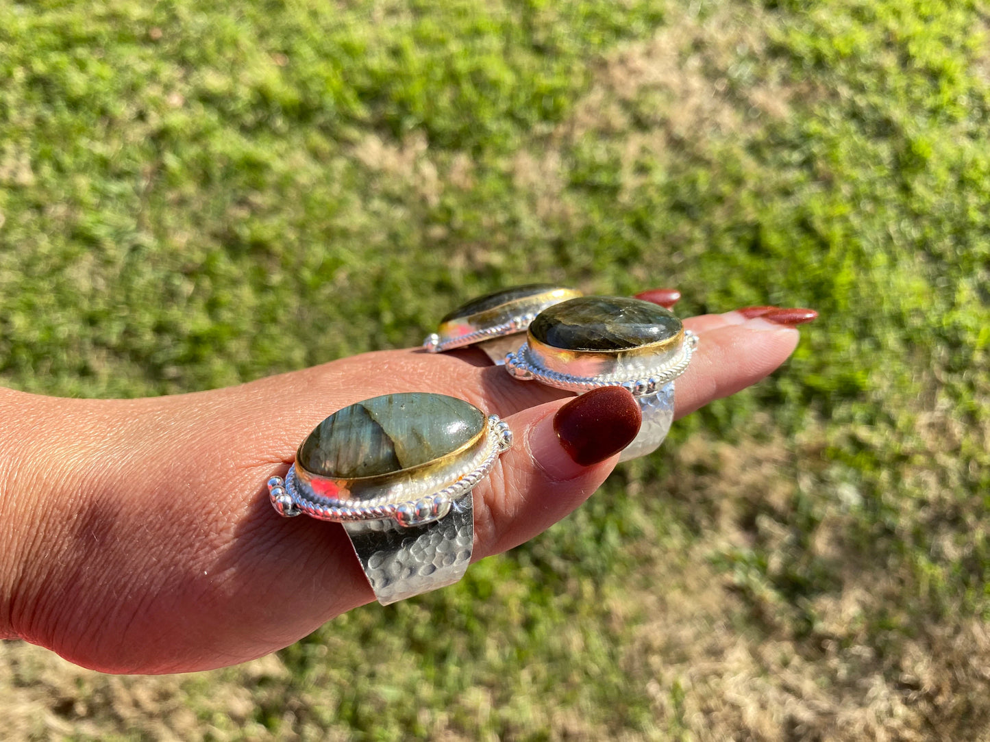 Big Adjustable Two Tone Ring, Labradorite Gemstone, Gold with Silver Overlay Ring, Statement Ring, Chunky Ring, Boho Rings, Wide Band Ring