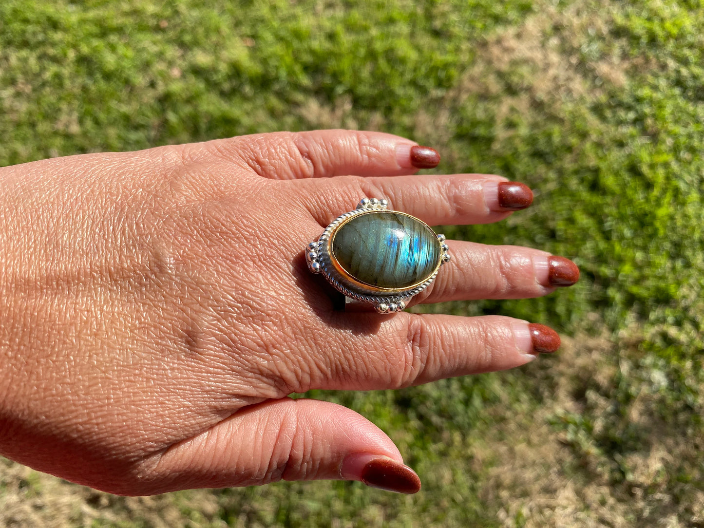 Big Adjustable Two Tone Ring, Labradorite Gemstone, Gold with Silver Overlay Ring, Statement Ring, Chunky Ring, Boho Rings, Wide Band Ring