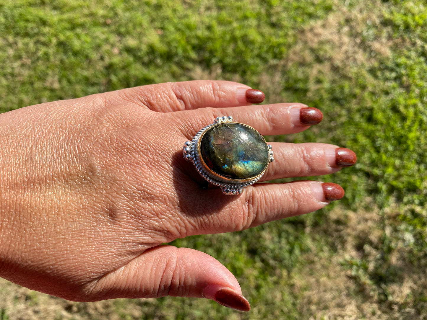 Big Adjustable Two Tone Ring, Labradorite Gemstone, Gold with Silver Overlay Ring, Statement Ring, Chunky Ring, Boho Rings, Wide Band Ring