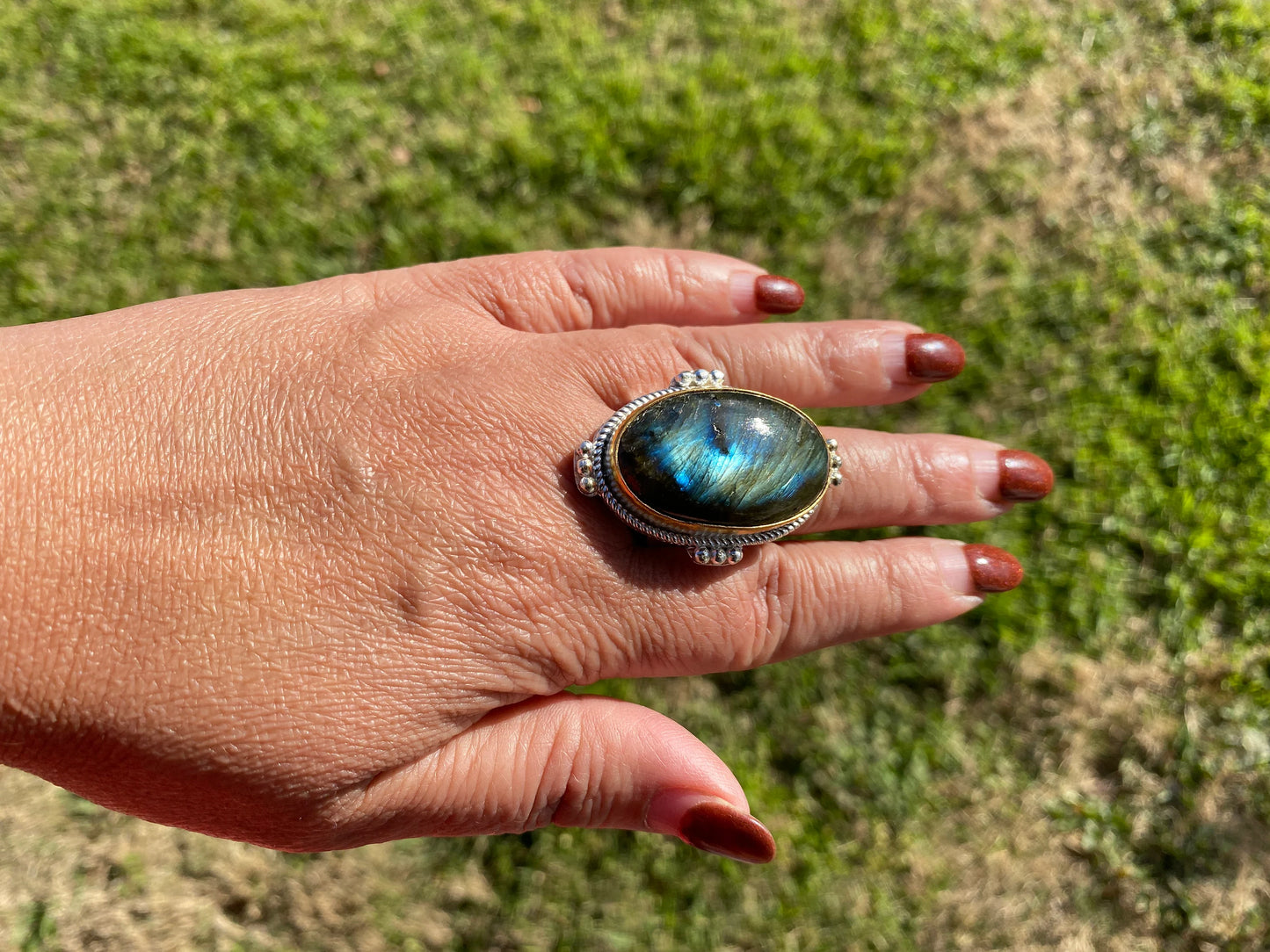 Big Adjustable Two Tone Ring, Labradorite Gemstone, Gold with Silver Overlay Ring, Statement Ring, Chunky Ring, Boho Rings, Wide Band Ring