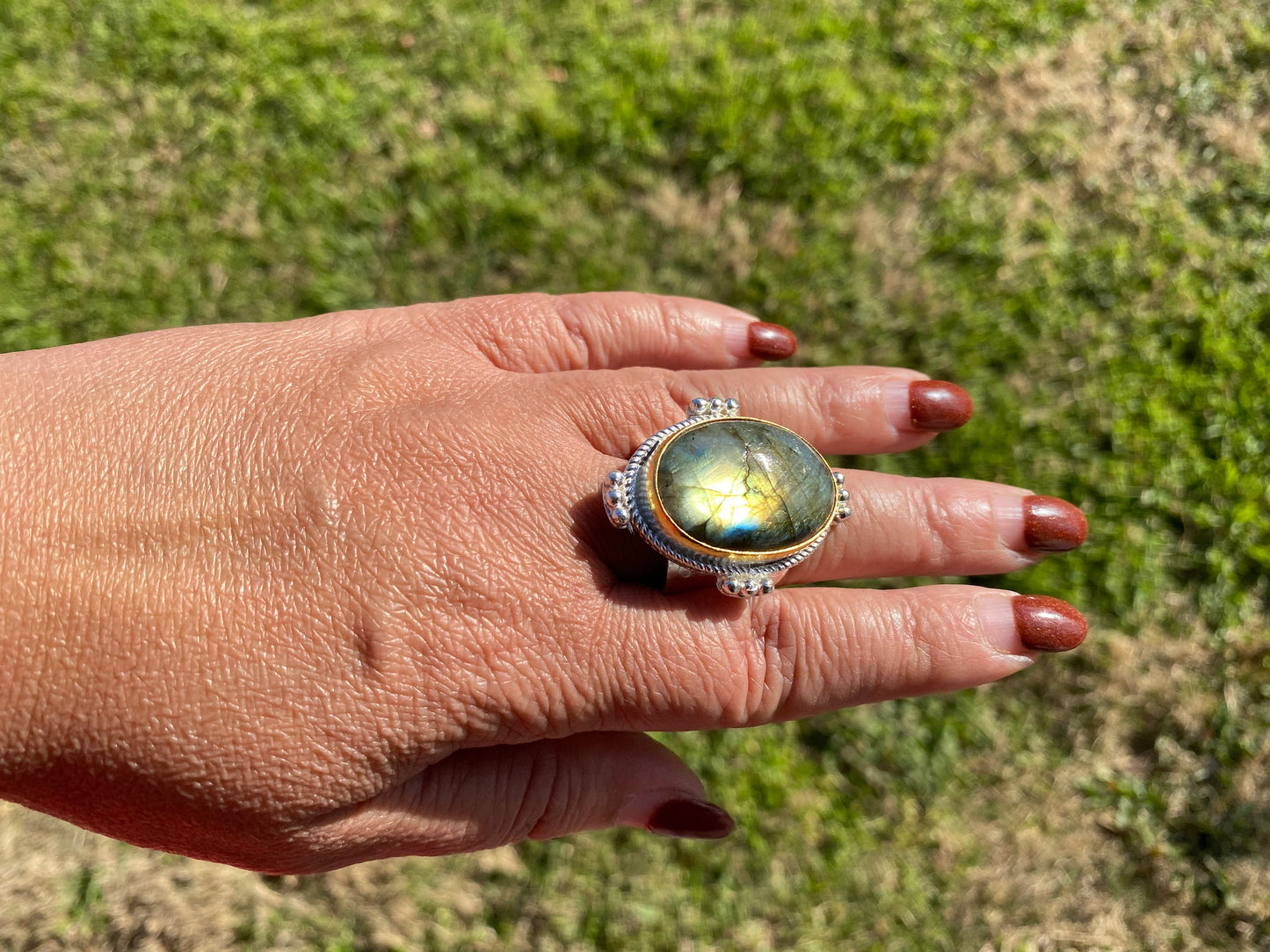 Big Adjustable Two Tone Ring, Labradorite Gemstone, Gold with Silver Overlay Ring, Statement Ring, Chunky Ring, Boho Rings, Wide Band Ring