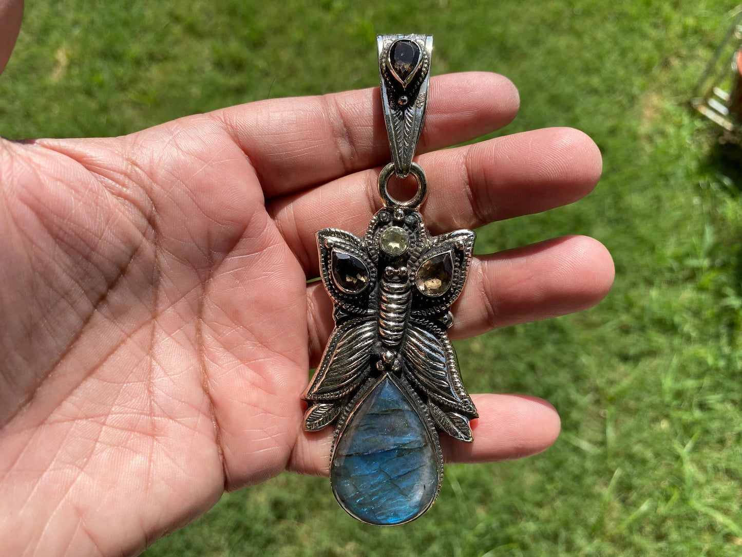 Labradorite Large Tibetan Silver Pendant,Natural Stone, Smoky Topaz Gemstone,Tibetan Jewelry From Nepal, Ethnic Jewelry,Pendant for Necklace