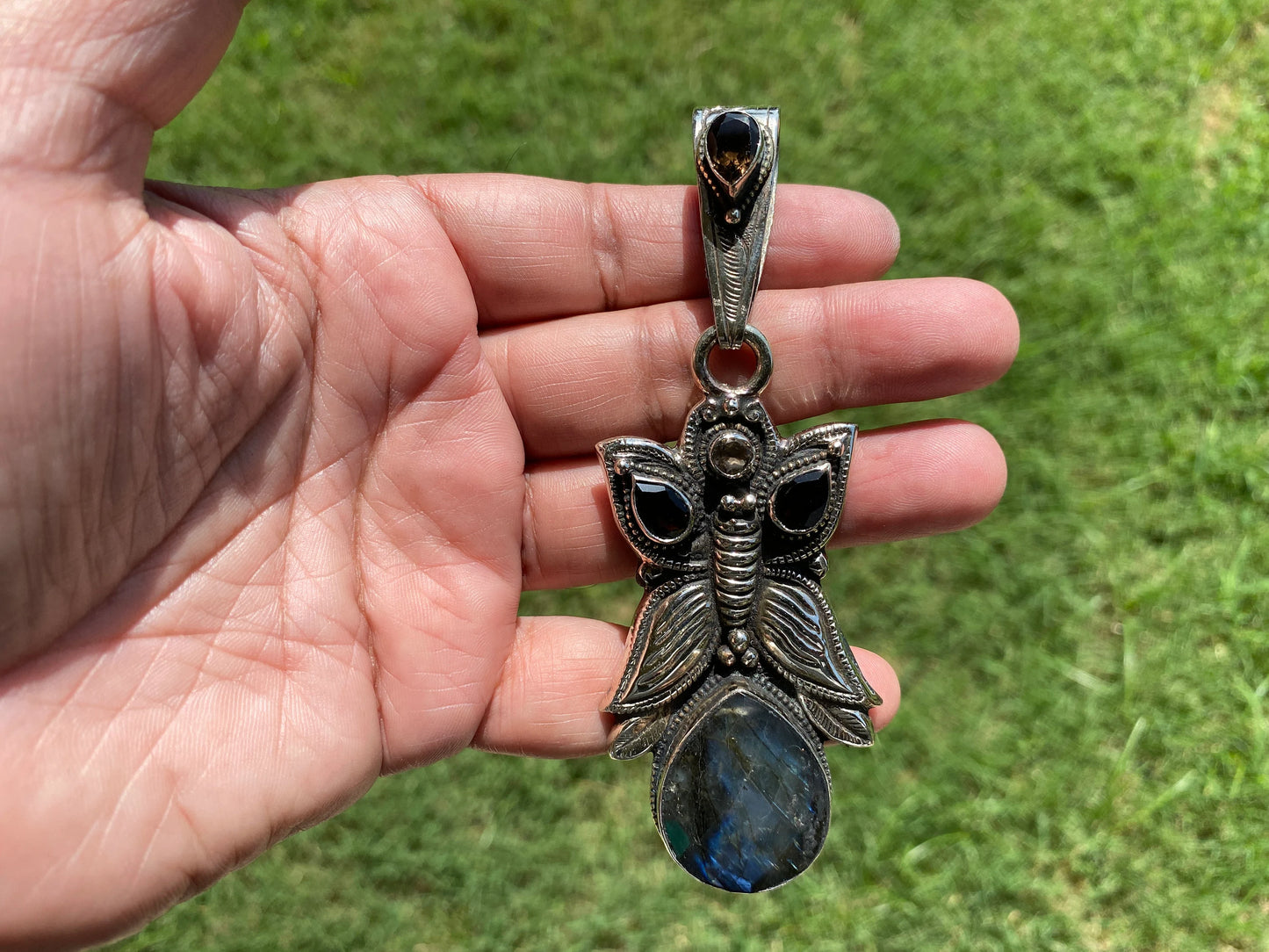 Labradorite Large Tibetan Silver Pendant,Natural Stone, Smoky Topaz Gemstone,Tibetan Jewelry From Nepal, Ethnic Jewelry,Pendant for Necklace
