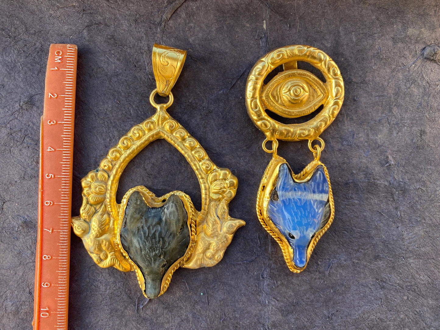 Labradorite Natural Stone Fox or Opalite with Evil Eye Pendant, Non Tarnish Brushed Gold Overlay Jewelry, Fox Pendant for Necklace