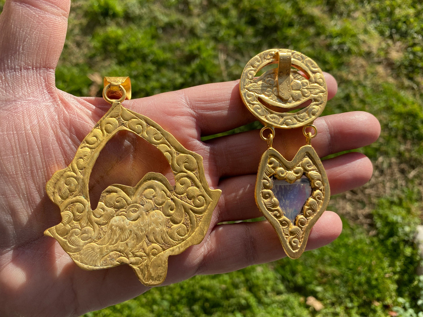 Labradorite Natural Stone Fox or Opalite with Evil Eye Pendant, Non Tarnish Brushed Gold Overlay Jewelry, Fox Pendant for Necklace