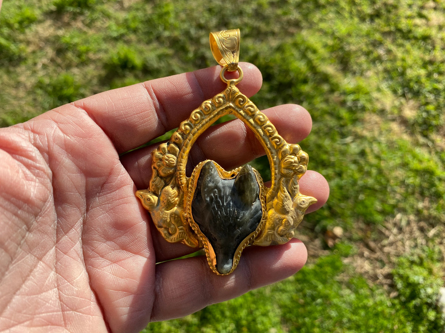 Labradorite Natural Stone Fox or Opalite with Evil Eye Pendant, Non Tarnish Brushed Gold Overlay Jewelry, Fox Pendant for Necklace