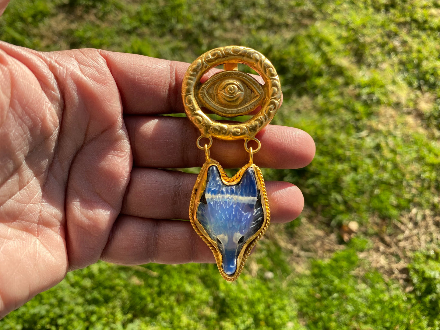 Labradorite Natural Stone Fox or Opalite with Evil Eye Pendant, Non Tarnish Brushed Gold Overlay Jewelry, Fox Pendant for Necklace