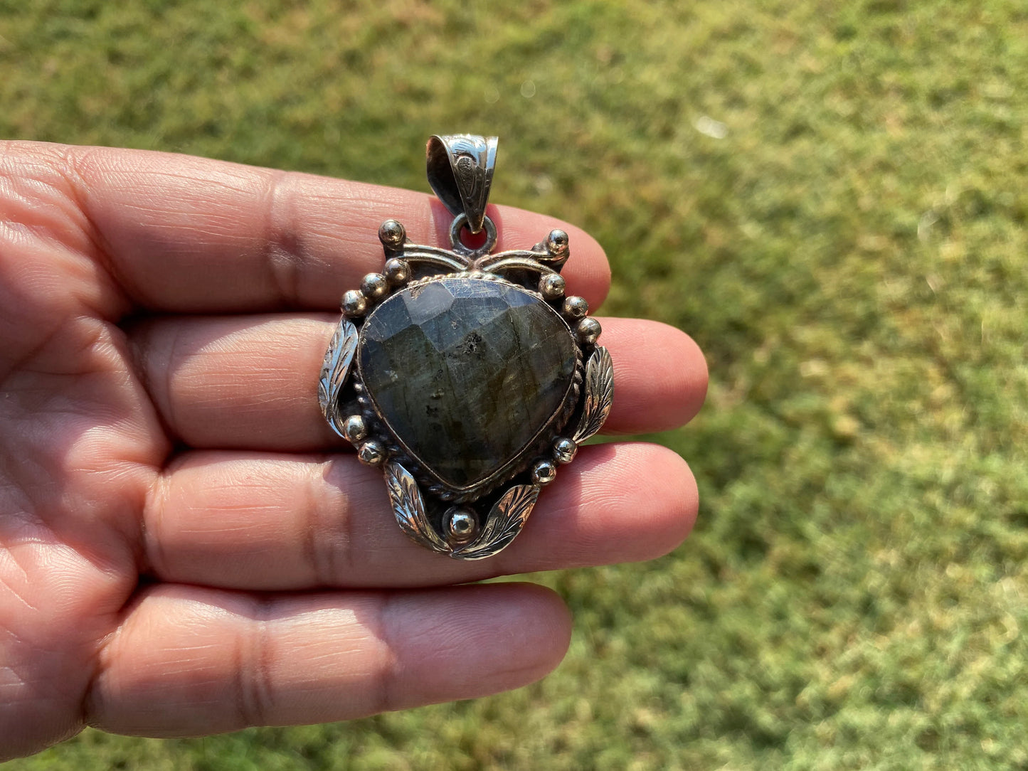 Labradorite Natural Stone Tibatan Silver Pendant, Anxiety Relief Pendant, Ethnic Handmade Jewelry, Necklace Pendant, Healing Crystal Pendant