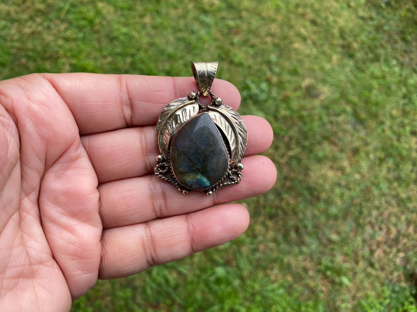 Labradorite Natural Stone Tibetan Silver Pendant, Tribal Design Jewelry, Tibetan Jewelry, Crystal Pendant, Birthstone Pendant