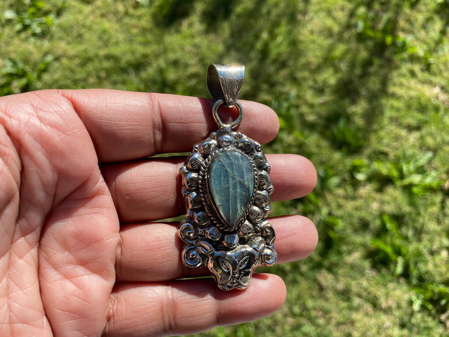 Labradorite Natural Stone Tibetan Silver Pendant, Anxiety Relief Pendant, Ethnic Handmade Jewelry, Necklace Pendant, Healing Crystal Pendant