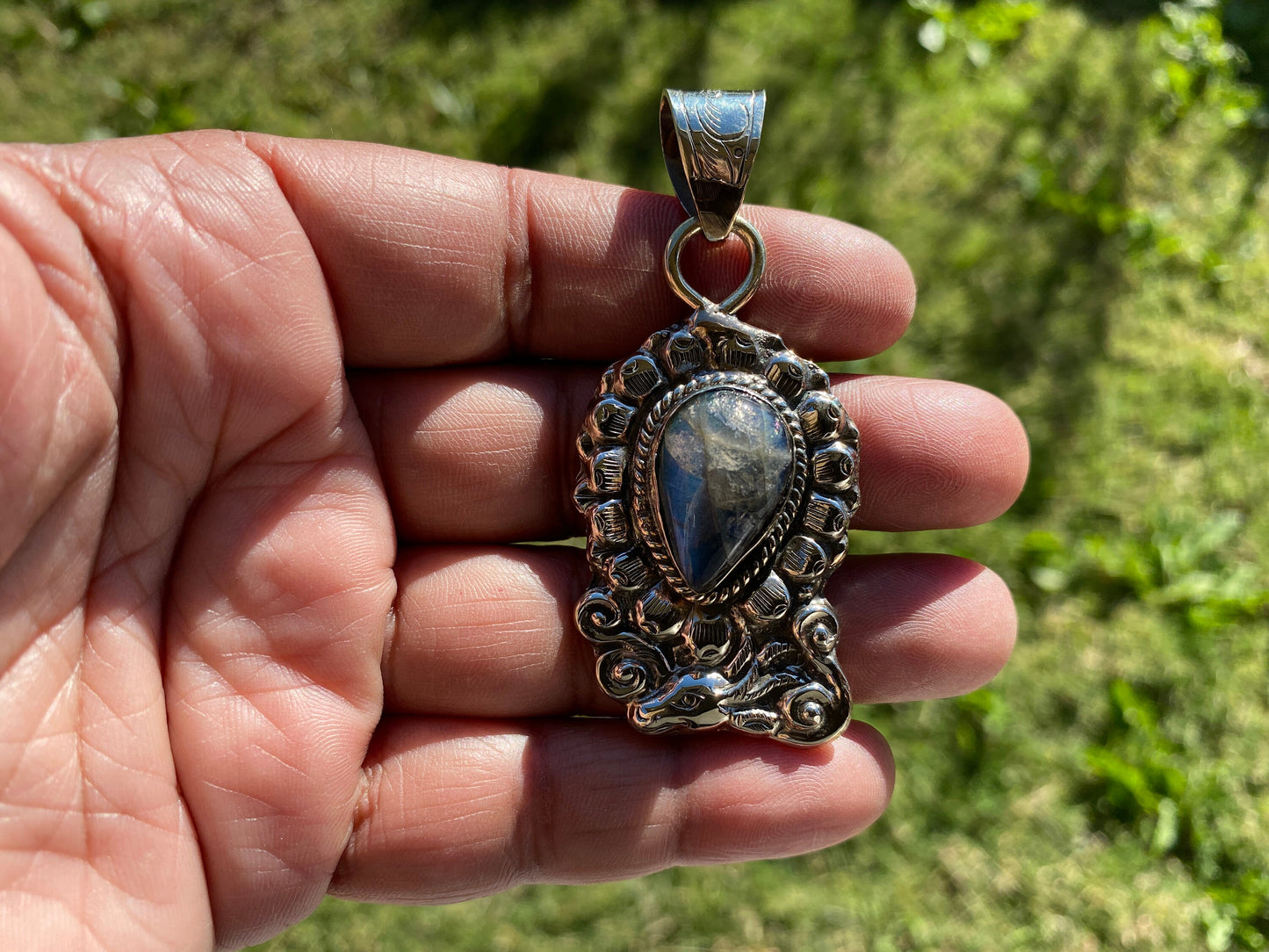 Labradorite Natural Stone Tibetan Silver Pendant, Anxiety Relief Pendant, Ethnic Handmade Jewelry, Necklace Pendant, Healing Crystal Pendant