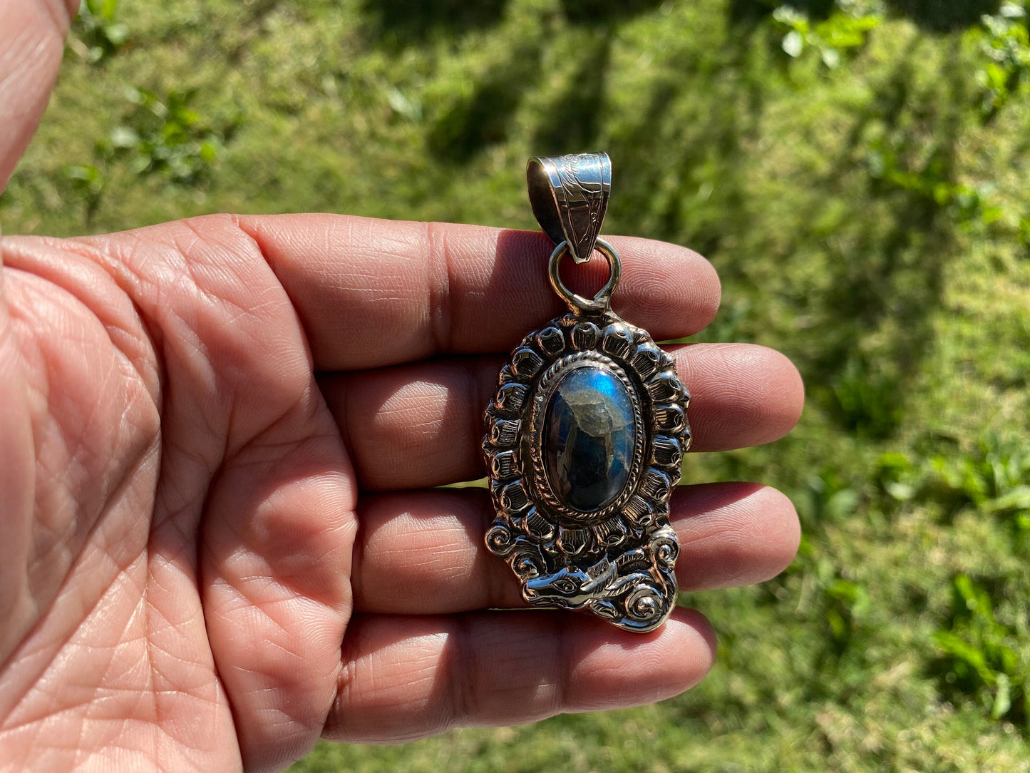 Labradorite Natural Stone Tibetan Silver Pendant, Anxiety Relief Pendant, Ethnic Handmade Jewelry, Necklace Pendant, Healing Crystal Pendant