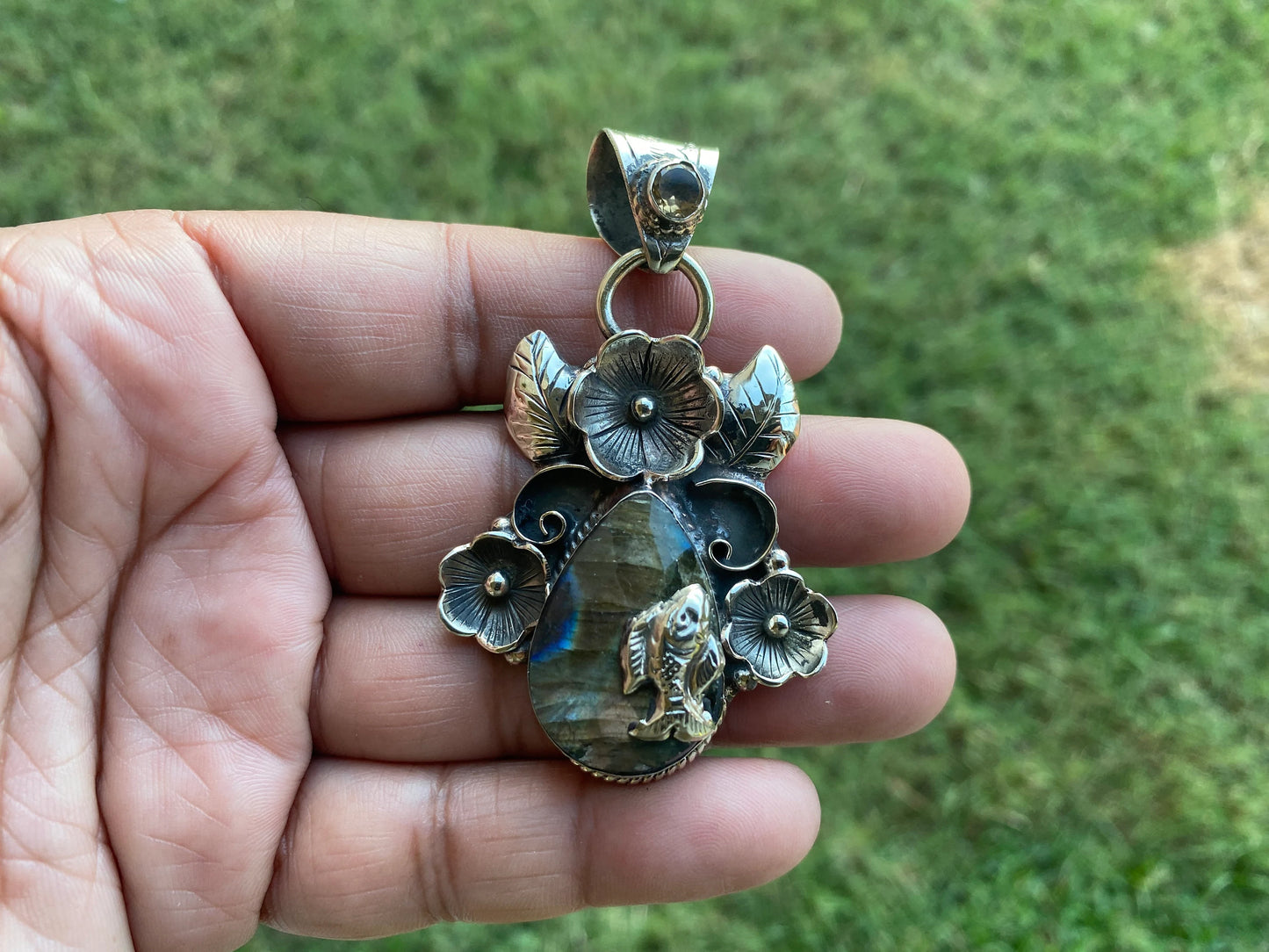 Labradorite Natural Stone Tibetan Silver Pendant with Citrine Gemstone, Healing Crystal, Birthday Gift, Birthstone Jewelry, Unique Designs