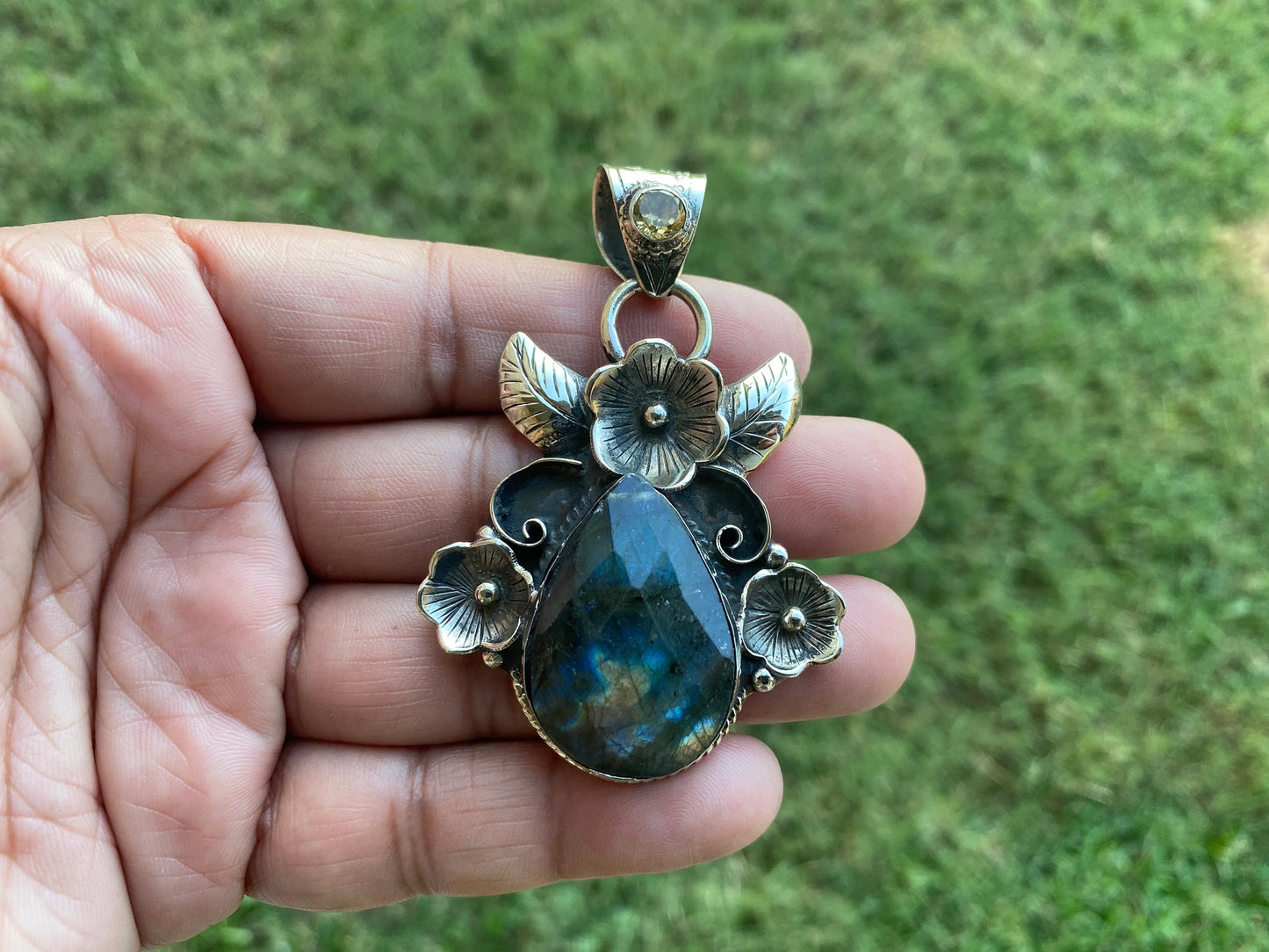 Labradorite Natural Stone Tibetan Silver Pendant with Citrine Gemstone, Healing Crystal, Birthday Gift, Birthstone Jewelry, Unique Designs