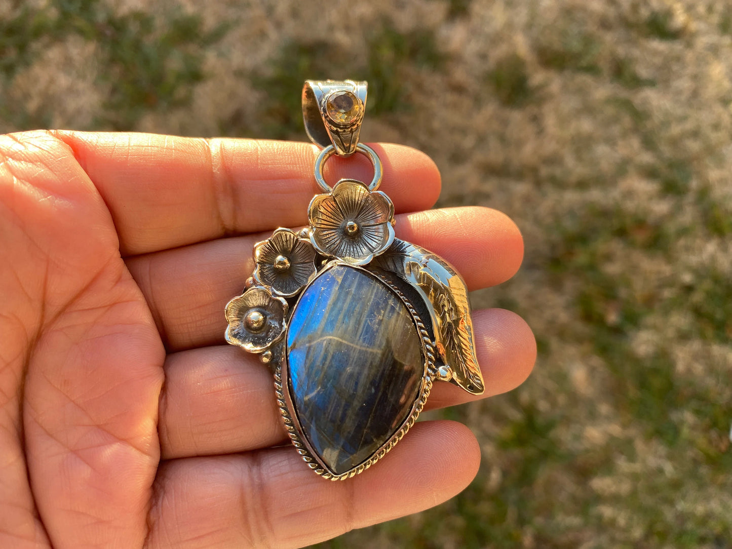 Labradorite Natural Stone with Citrine Tibetan Silver Pendant, Healing Crystal, Gift for Men or Wife, Ethnic Jewelry, Birthstone Pendant