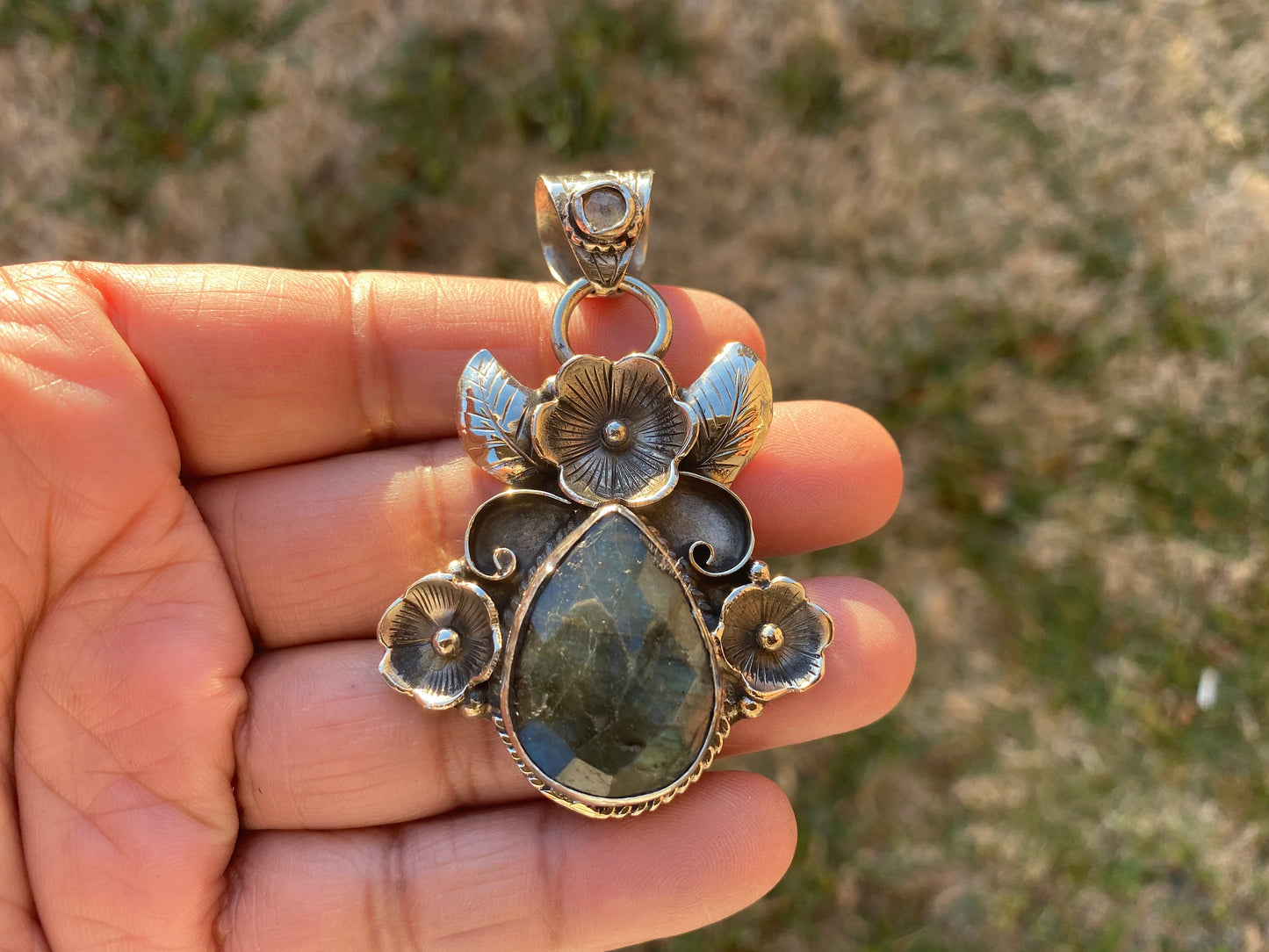 Labradorite Natural Stone with Citrine Tibetan Silver Pendant, Healing Crystal, Gift for Men or Wife, Ethnic Jewelry, Birthstone Pendant