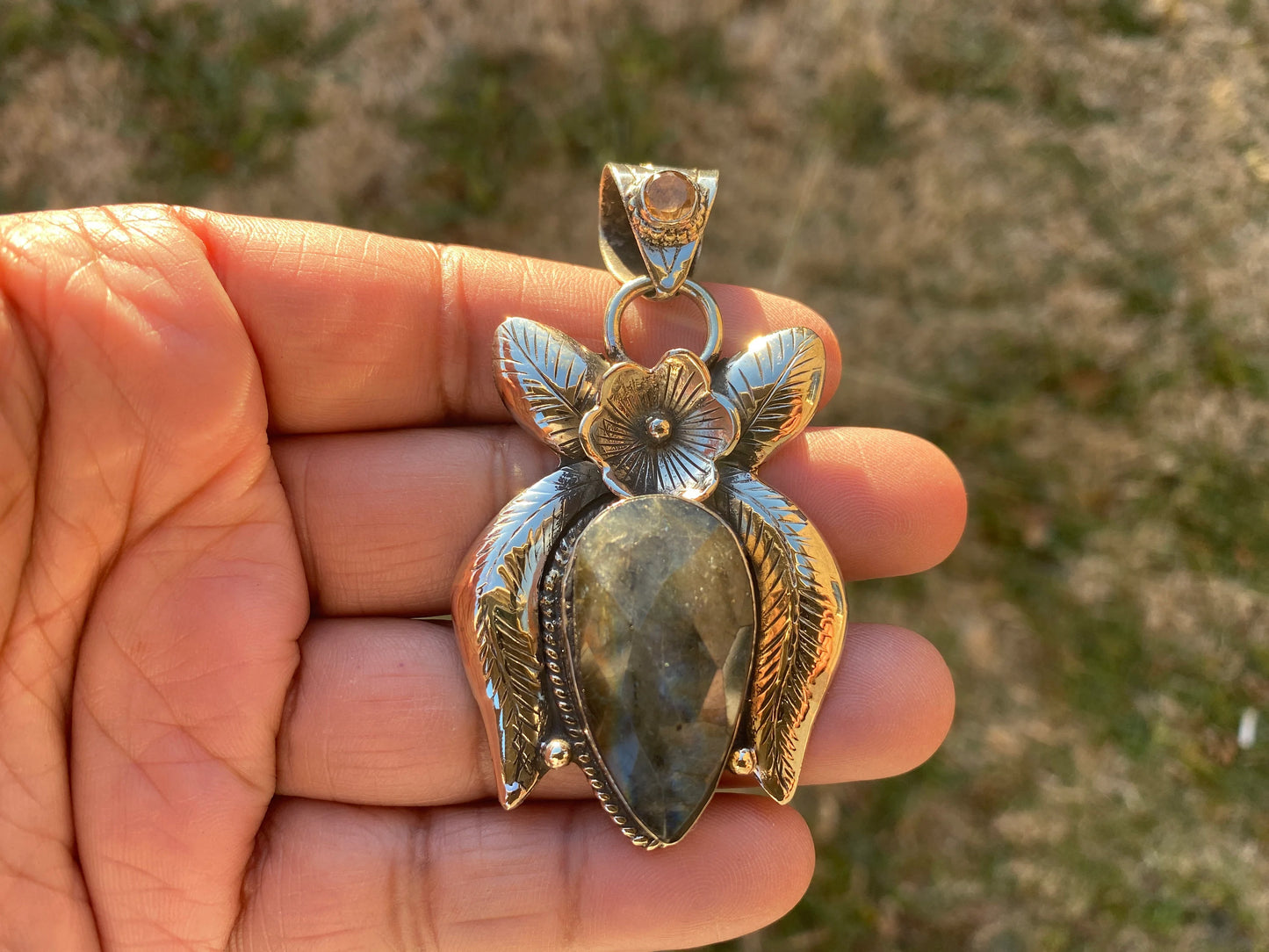 Labradorite Natural Stone with Citrine Tibetan Silver Pendant, Healing Crystal, Gift for Men or Wife, Ethnic Jewelry, Birthstone Pendant