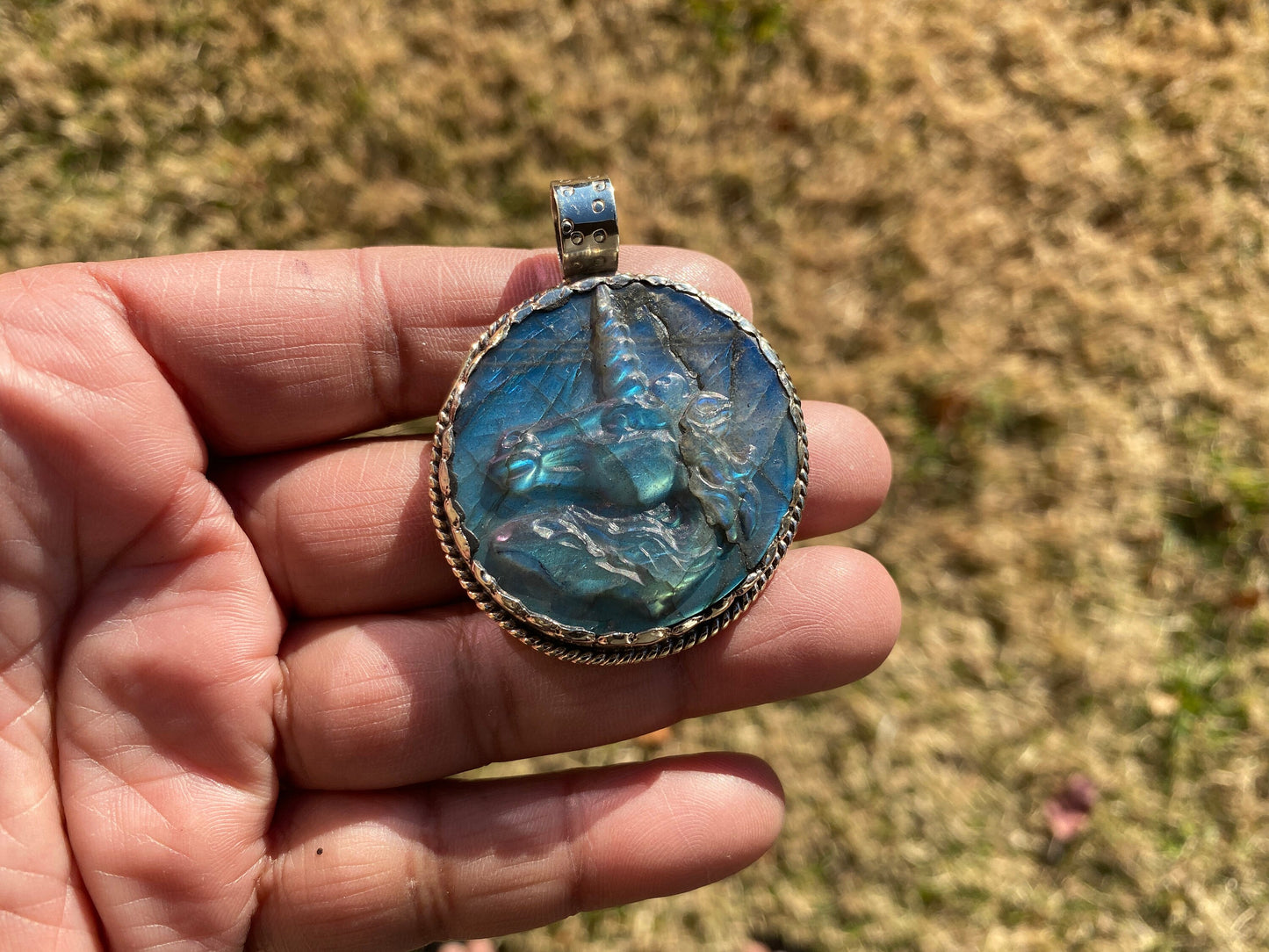 Carved Unicorn Labradorite Tibetan Silver Pendant, Horse Pendant, Labradorite Unicorn, Blue Labradorite, Healing Crystal, Animal Pendant