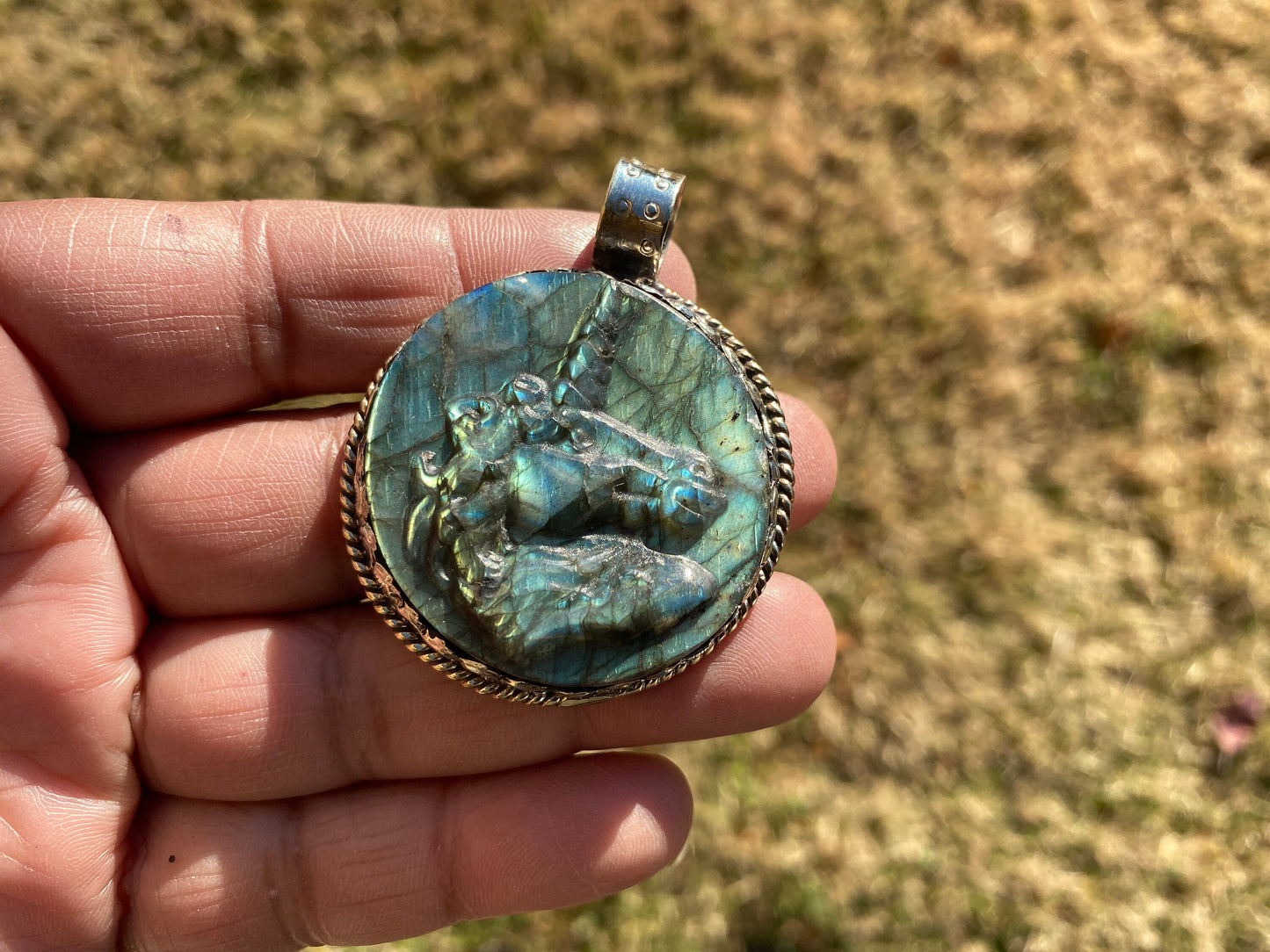 Carved Unicorn Labradorite Tibetan Silver Pendant, Horse Pendant, Labradorite Unicorn, Blue Labradorite, Healing Crystal, Animal Pendant