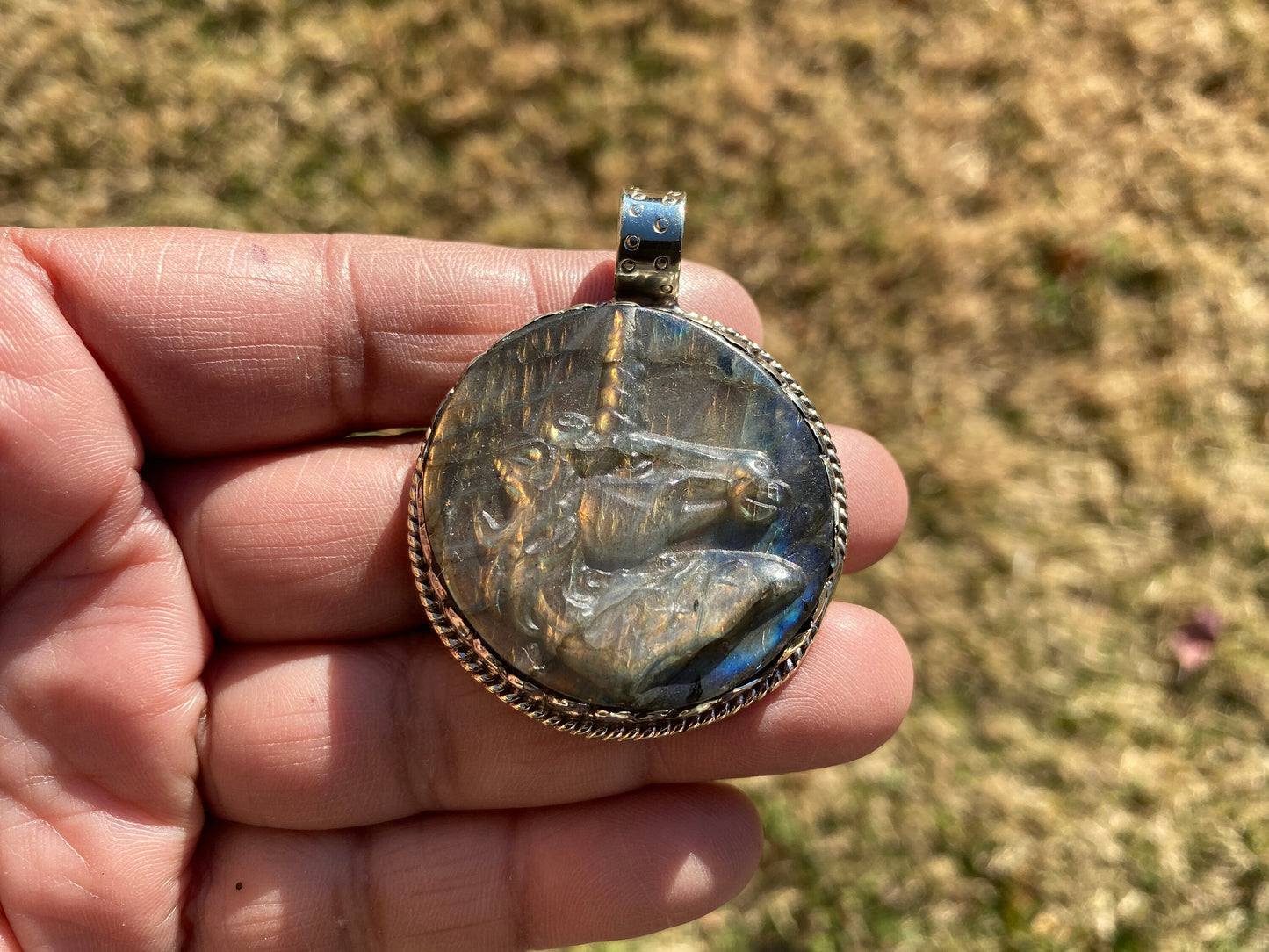 Carved Unicorn Labradorite Tibetan Silver Pendant, Horse Pendant, Labradorite Unicorn, Blue Labradorite, Healing Crystal, Animal Pendant