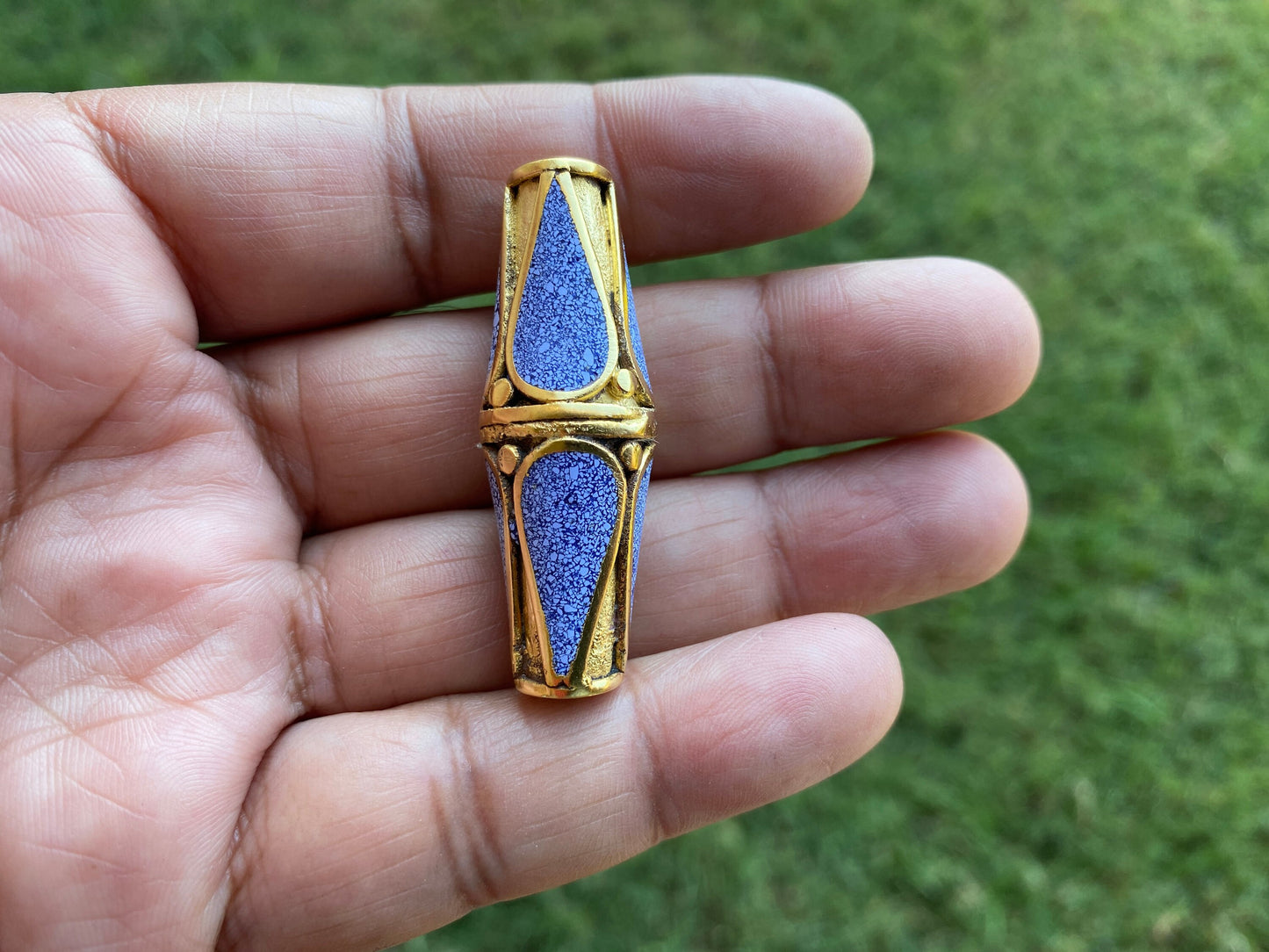 Lapis Inlaid Matte Gold Beads, Bicone Shape Bead, Tibetan Himalayan Tribal Ethnic Beads, 18k Gold Overlay over Brass, Anti Tarnish Bead