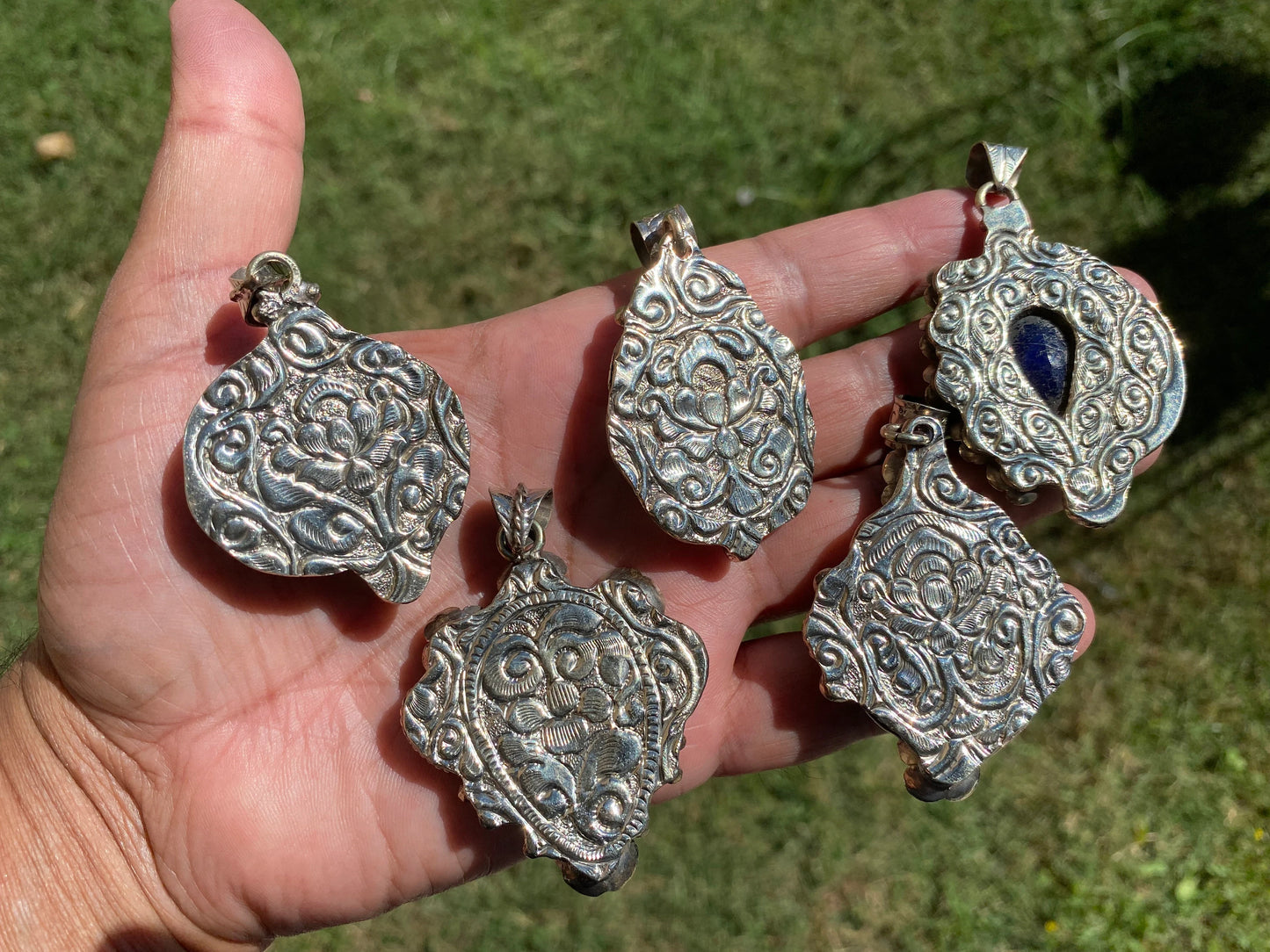 Lapis Lazuli Natural Stone Tibetan Silver Pendant, Faceted Peridot or Amethyst Gemstone, Tribe Ethnic Jewelry, Birthstone Necklace Pendant