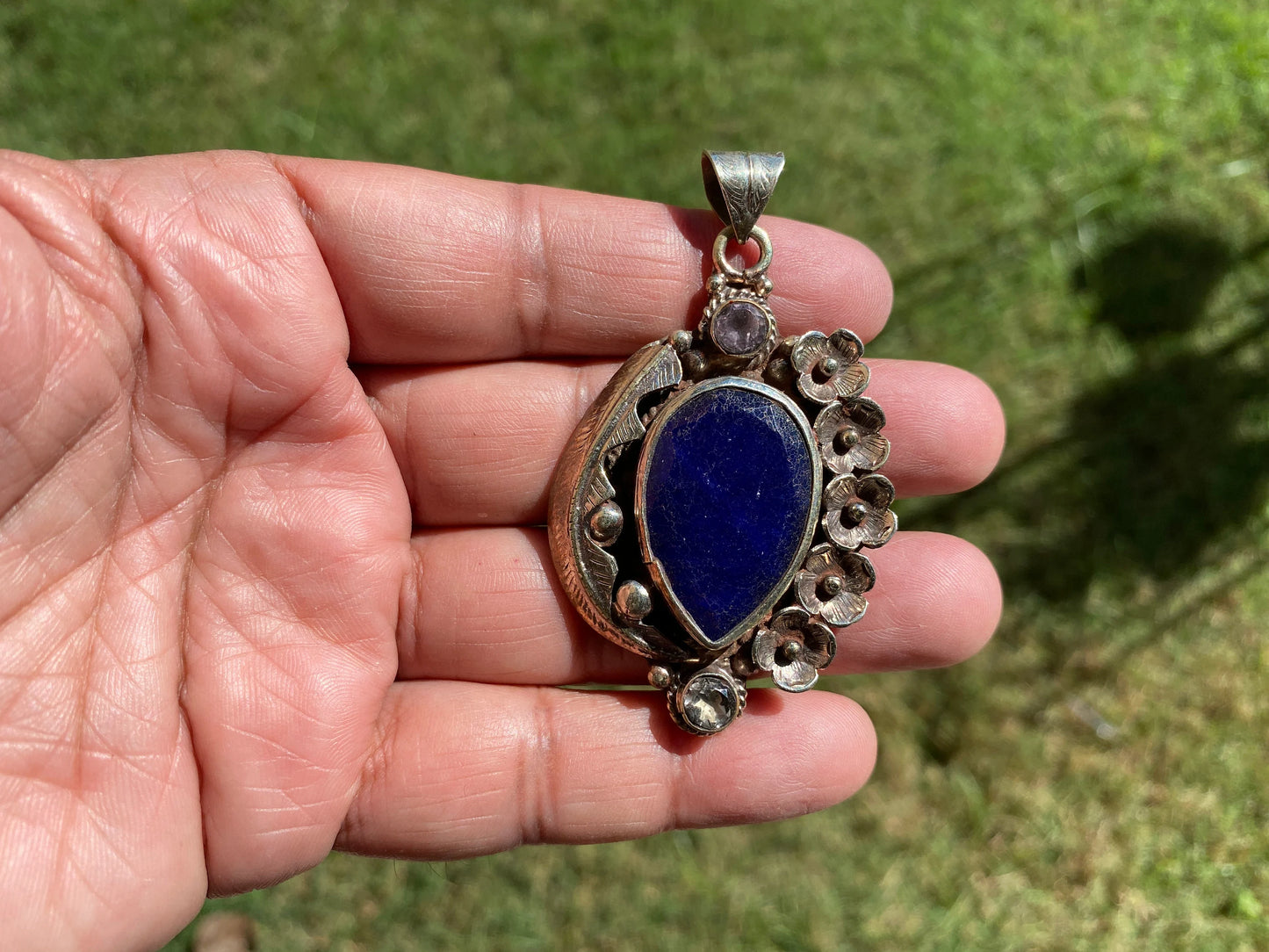 Lapis Lazuli Natural Stone Tibetan Silver Pendant, Faceted Peridot or Amethyst Gemstone, Tribe Ethnic Jewelry, Birthstone Necklace Pendant