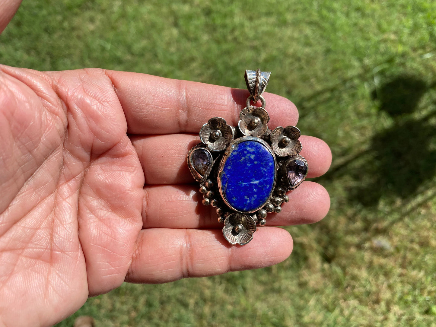Lapis Lazuli Natural Stone Tibetan Silver Pendant, Faceted Peridot or Amethyst Gemstone, Tribe Ethnic Jewelry, Birthstone Necklace Pendant