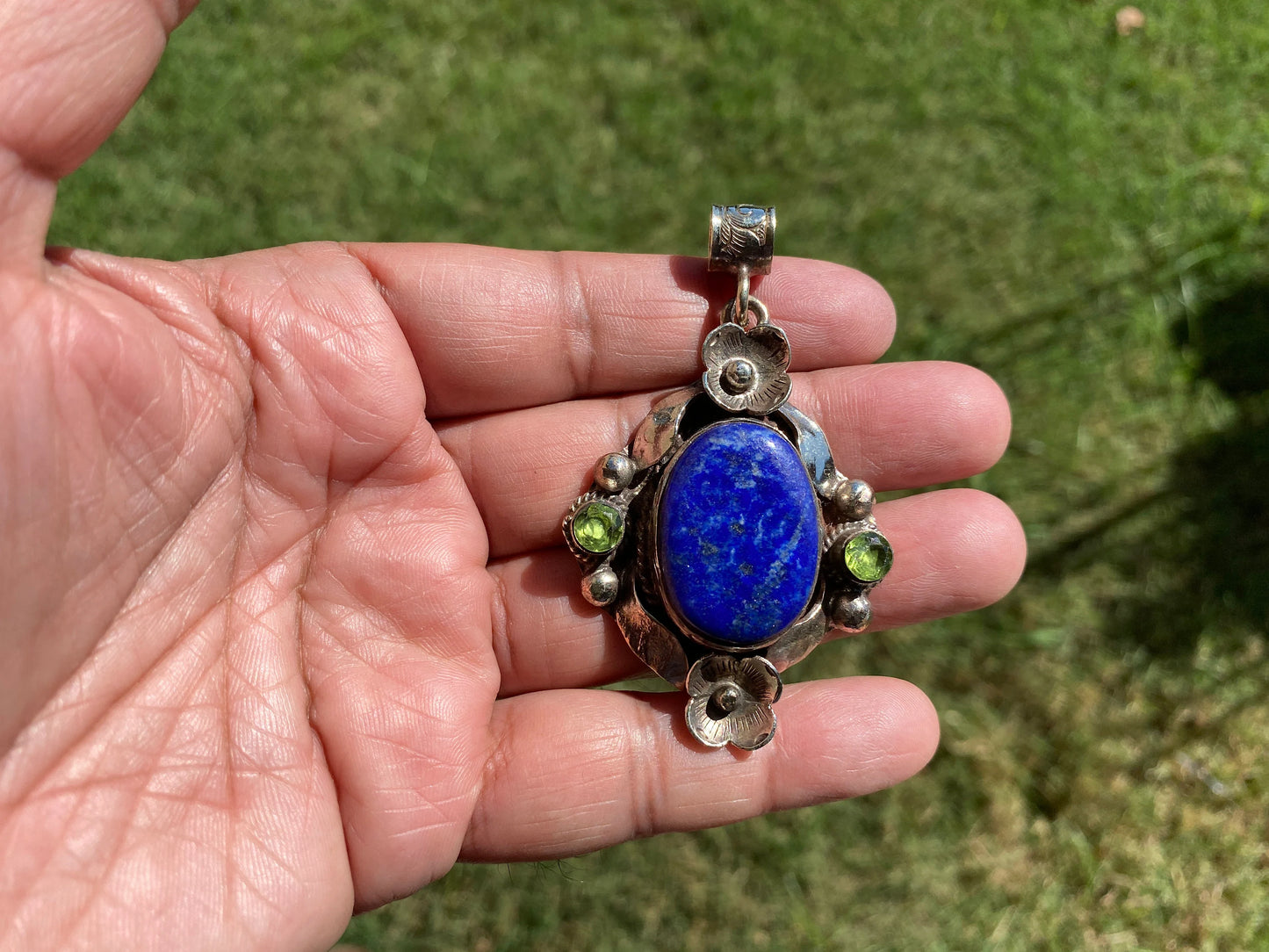 Lapis Lazuli Natural Stone Tibetan Silver Pendant, Faceted Peridot or Amethyst Gemstone, Tribe Ethnic Jewelry, Birthstone Necklace Pendant