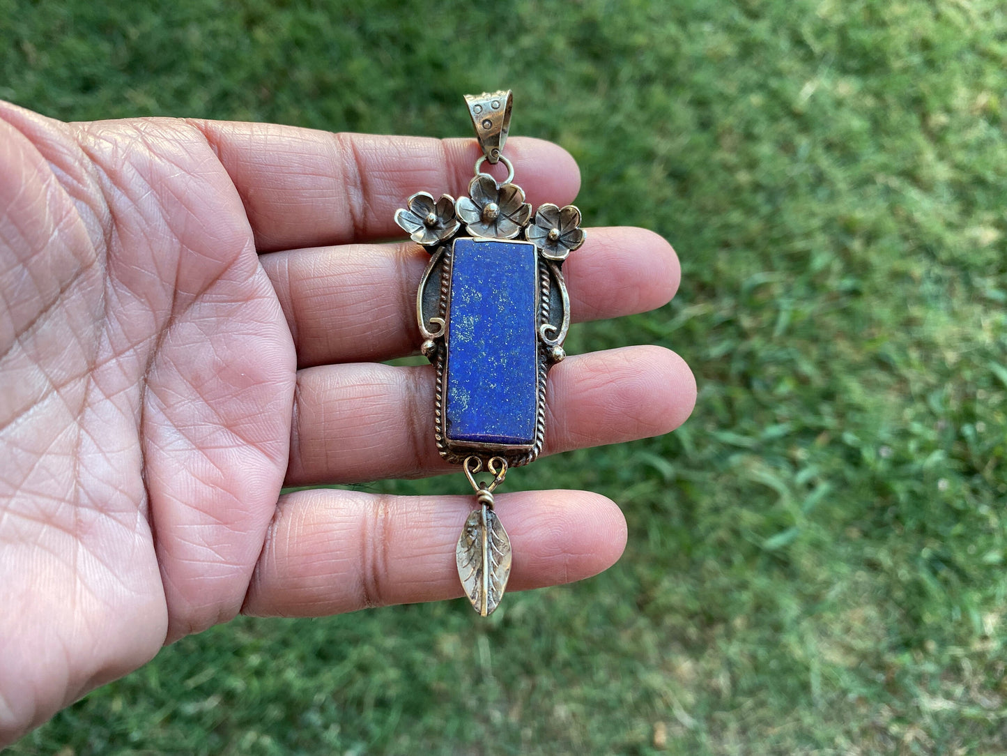 Lapis Lazuli Natural Stone Tibetan Silver Pendant, Healing Blue Crystal, Tibetan Pendant, Tribal Jewelry, Handmade Jewelry from Nepal, Boho