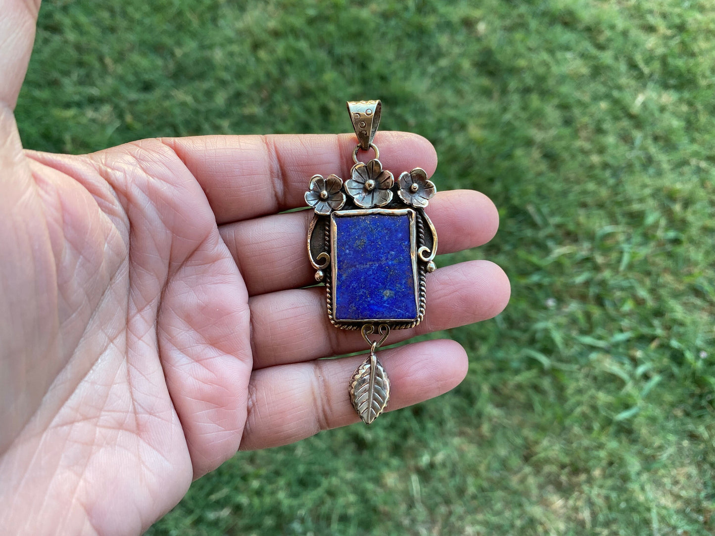 Lapis Lazuli Natural Stone Tibetan Silver Pendant, Healing Blue Crystal, Tibetan Pendant, Tribal Jewelry, Handmade Jewelry from Nepal, Boho