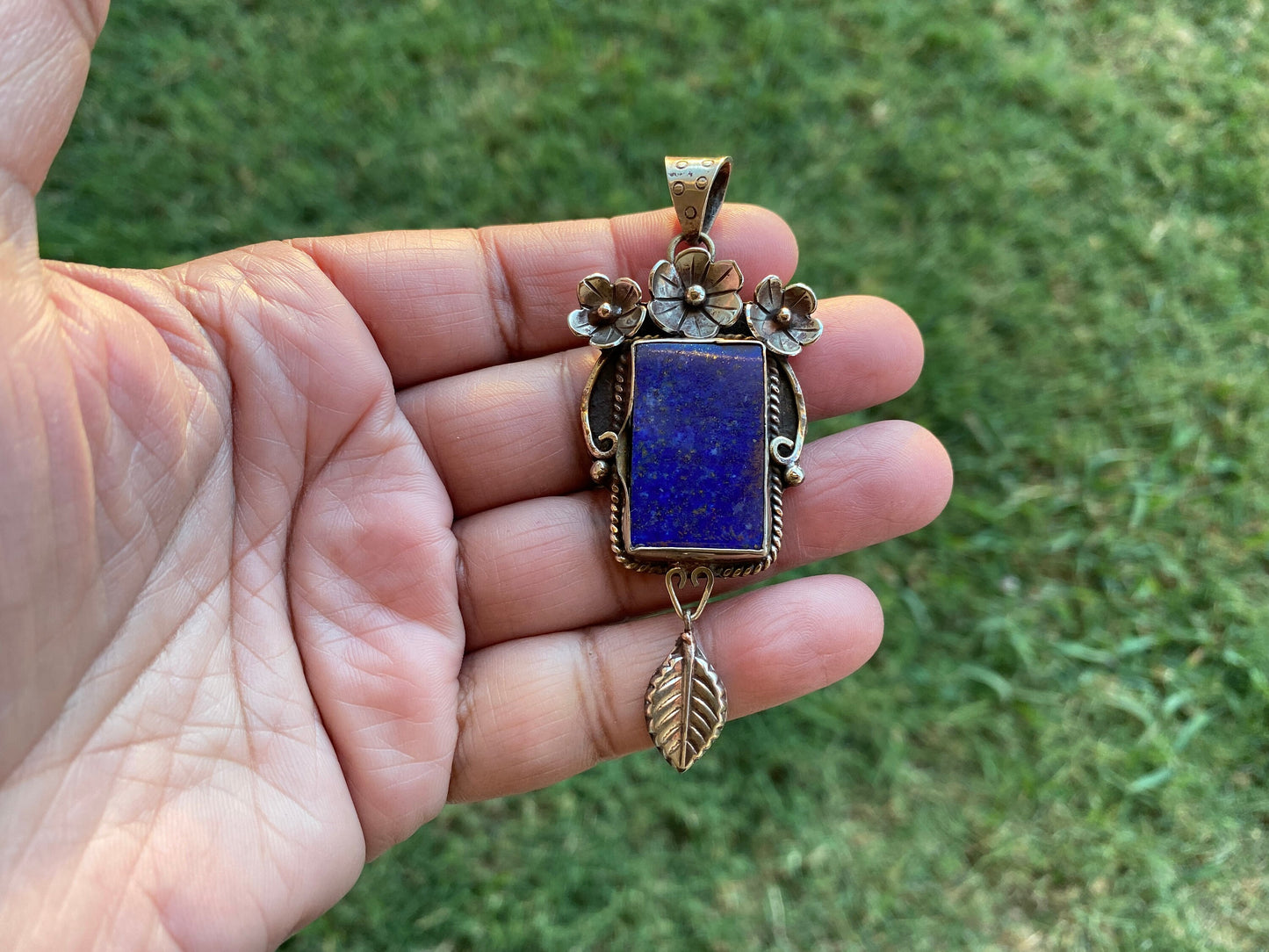Lapis Lazuli Natural Stone Tibetan Silver Pendant, Healing Blue Crystal, Tibetan Pendant, Tribal Jewelry, Handmade Jewelry from Nepal, Boho