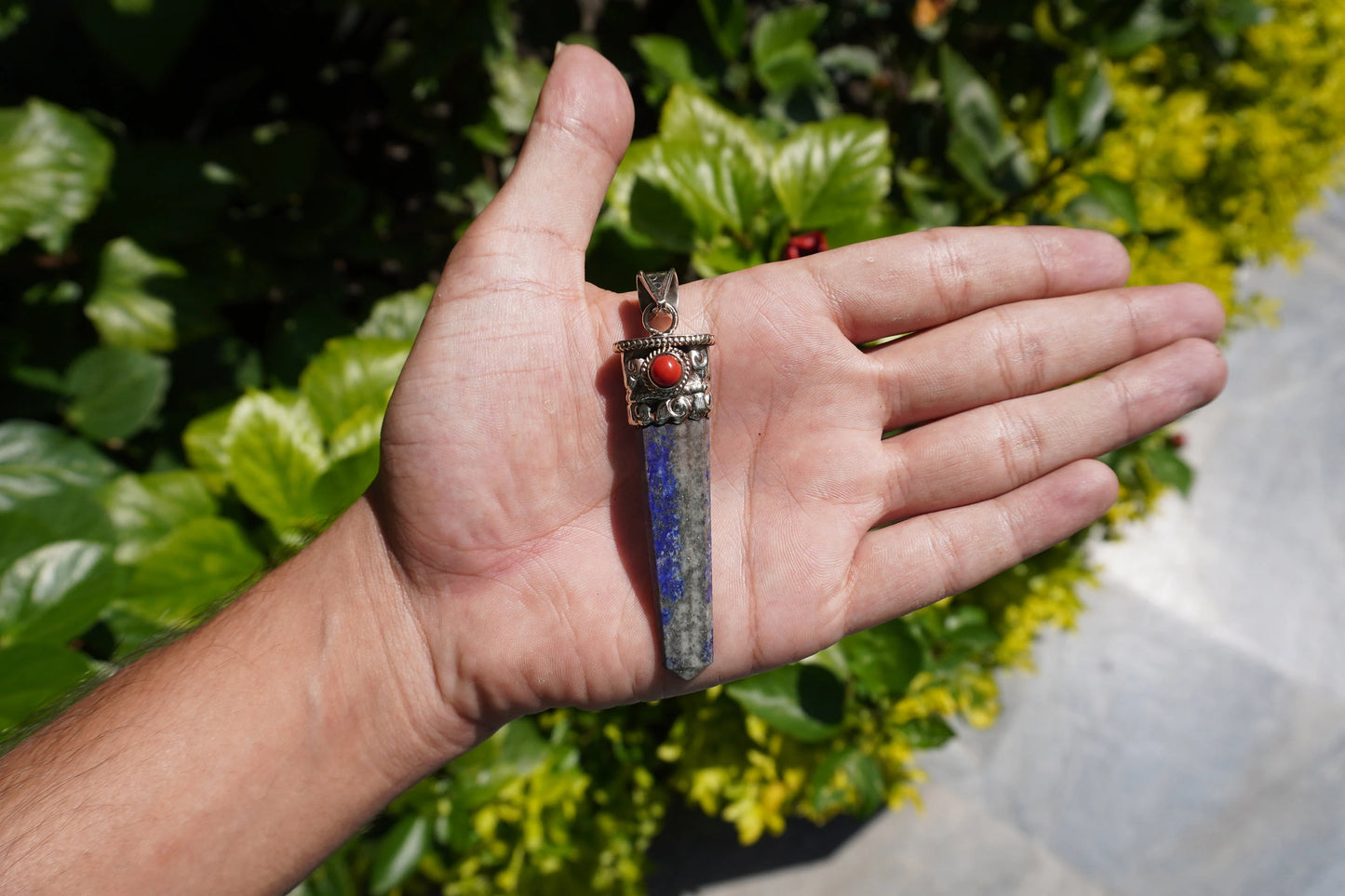 Lapis lazuli with Red Coral Tibetan Silver Pendant | Healing Pendant, Natural Gemstone, Unisex Pendant, Pointed Pendant, Handmade gift ideas
