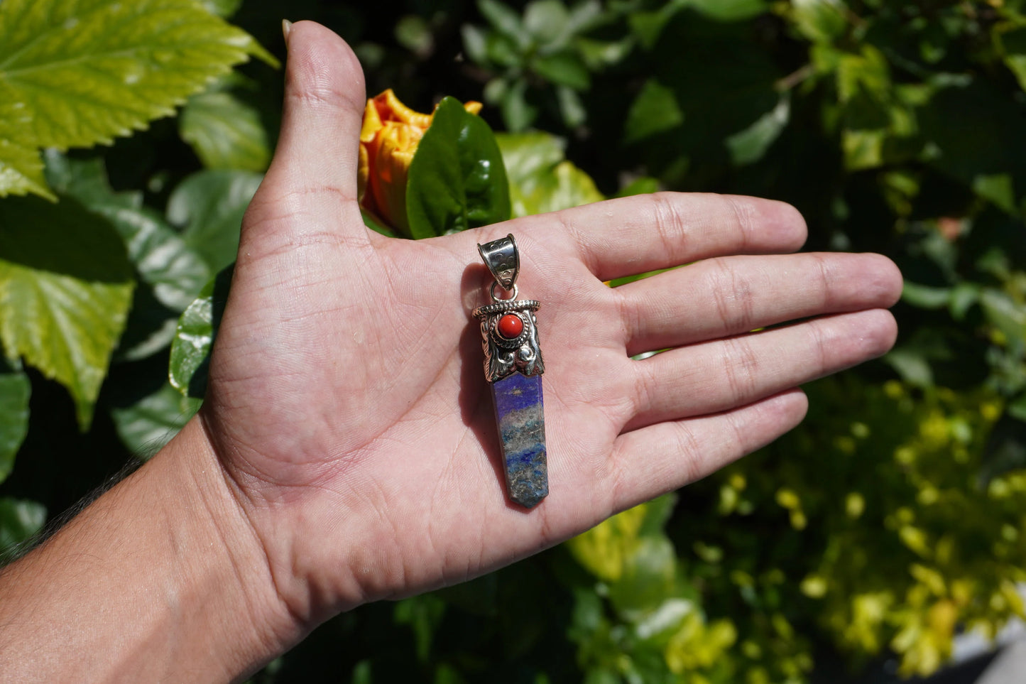 Lapis lazuli with Red Coral Tibetan Silver Pendant | Healing Pendant, Natural Gemstone, Unisex Pendant, Pointed Pendant, Handmade gift ideas