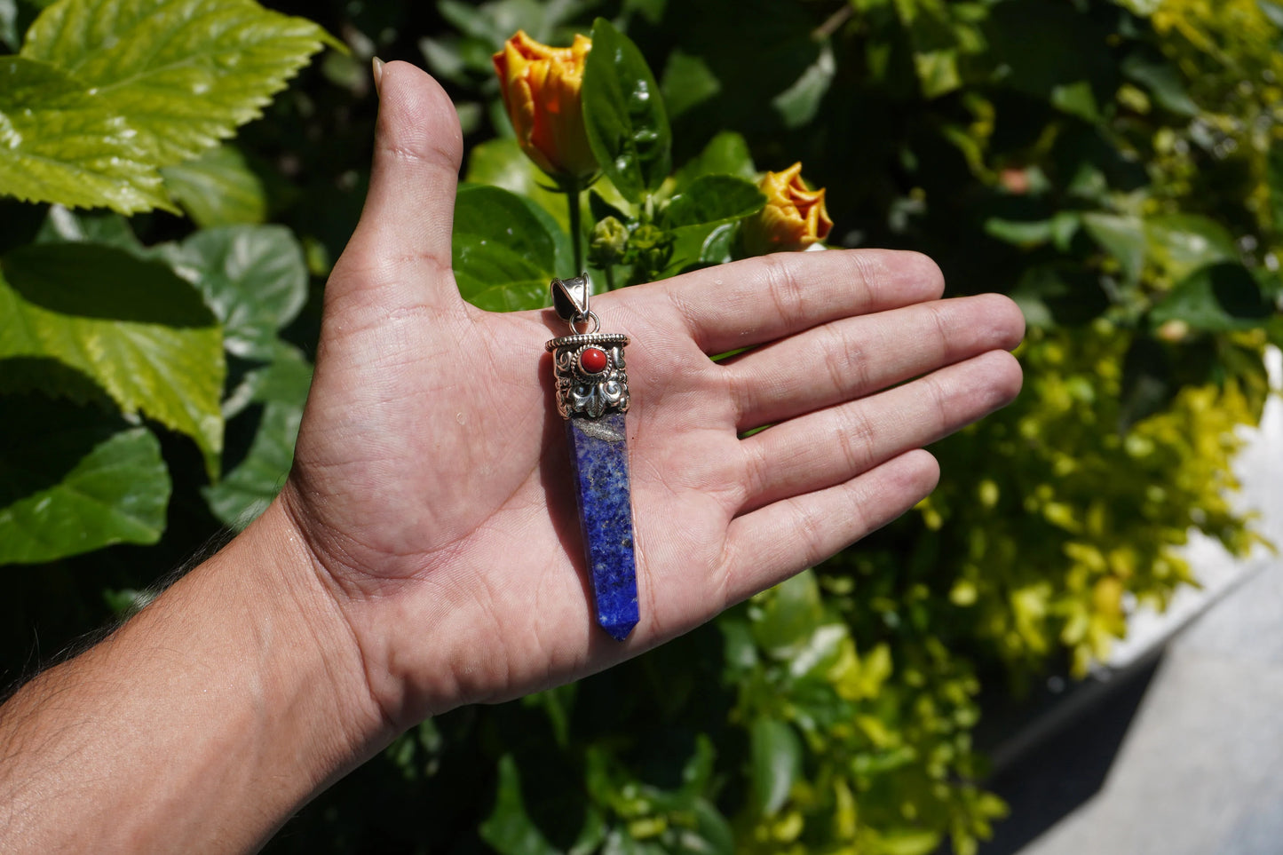 Lapis lazuli with Red Coral Tibetan Silver Pendant | Healing Pendant, Natural Gemstone, Unisex Pendant, Pointed Pendant, Handmade gift ideas