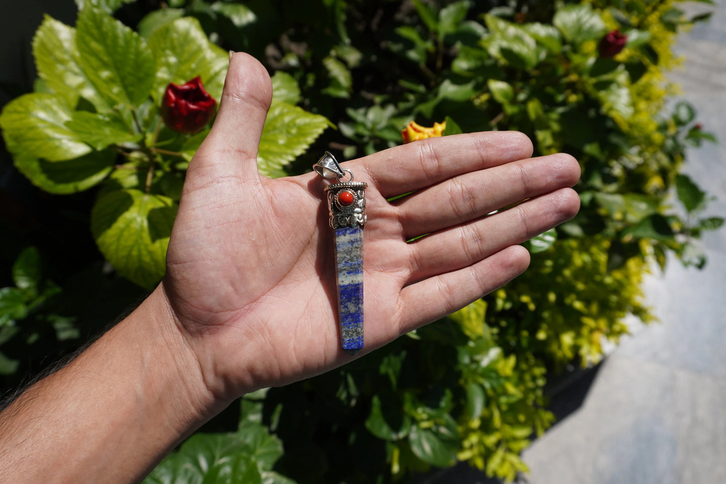 Lapis lazuli with Red Coral Tibetan Silver Pendant | Healing Pendant, Natural Gemstone, Unisex Pendant, Pointed Pendant, Handmade gift ideas