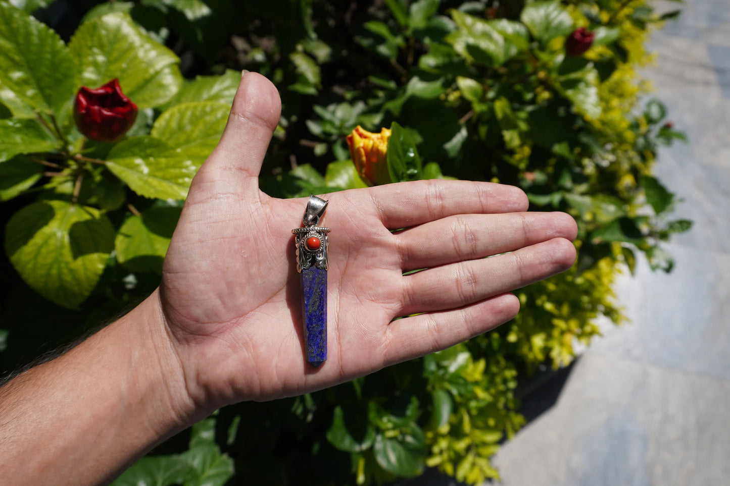 Lapis lazuli with Red Coral Tibetan Silver Pendant | Healing Pendant, Natural Gemstone, Unisex Pendant, Pointed Pendant, Handmade gift ideas