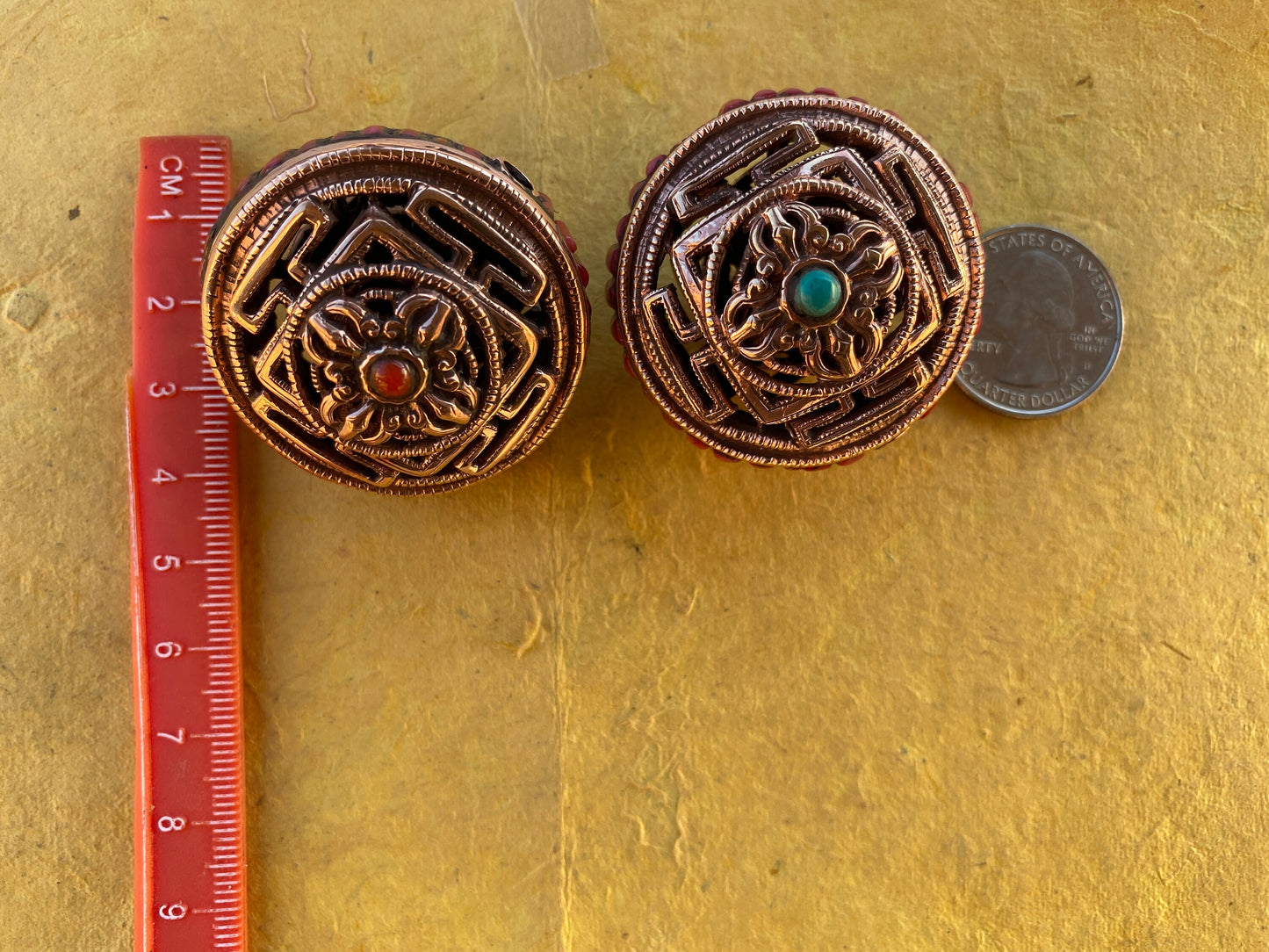 Large 39mm Tibetan Copper Bead with Coral or Turquoise, Spacer Bead, Guru Bead, Handmade Beads, Metal Bead for Necklace, Hill tribe Jewelry
