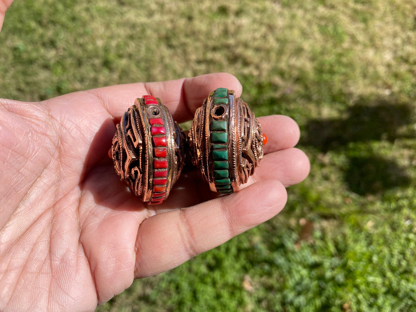Large 39mm Tibetan Copper Bead with Coral or Turquoise, Spacer Bead, Guru Bead, Handmade Beads, Metal Bead for Necklace, Hill tribe Jewelry