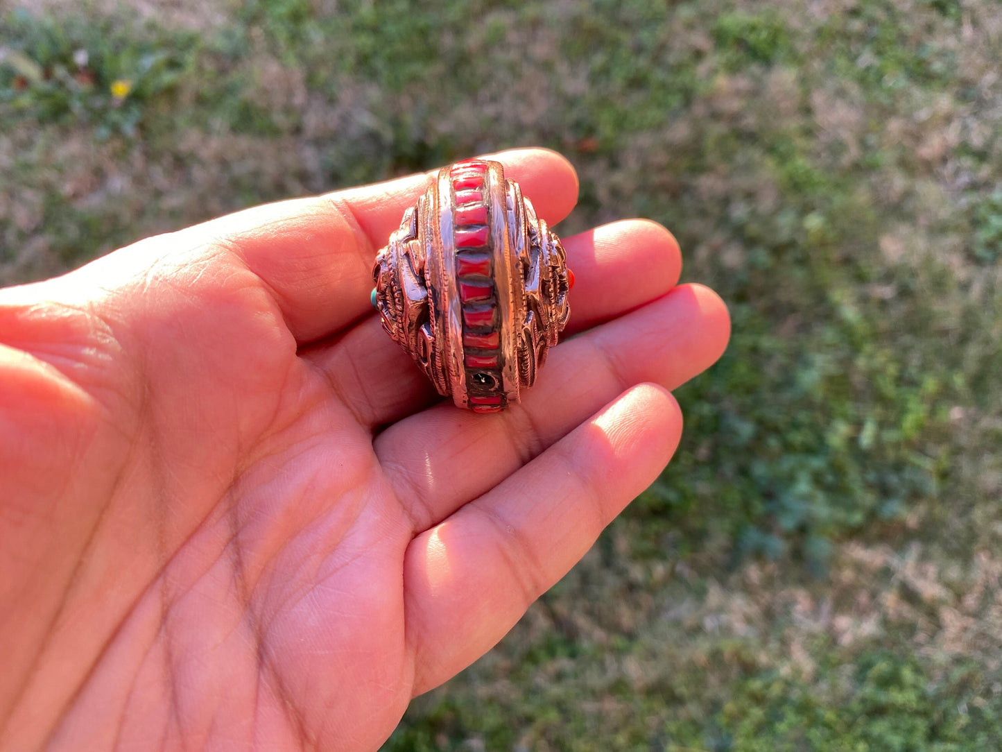 Large 39mm Tibetan Copper Bead with Coral or Turquoise, Spacer Bead, Guru Bead, Handmade Beads, Metal Bead for Necklace, Hill tribe Jewelry