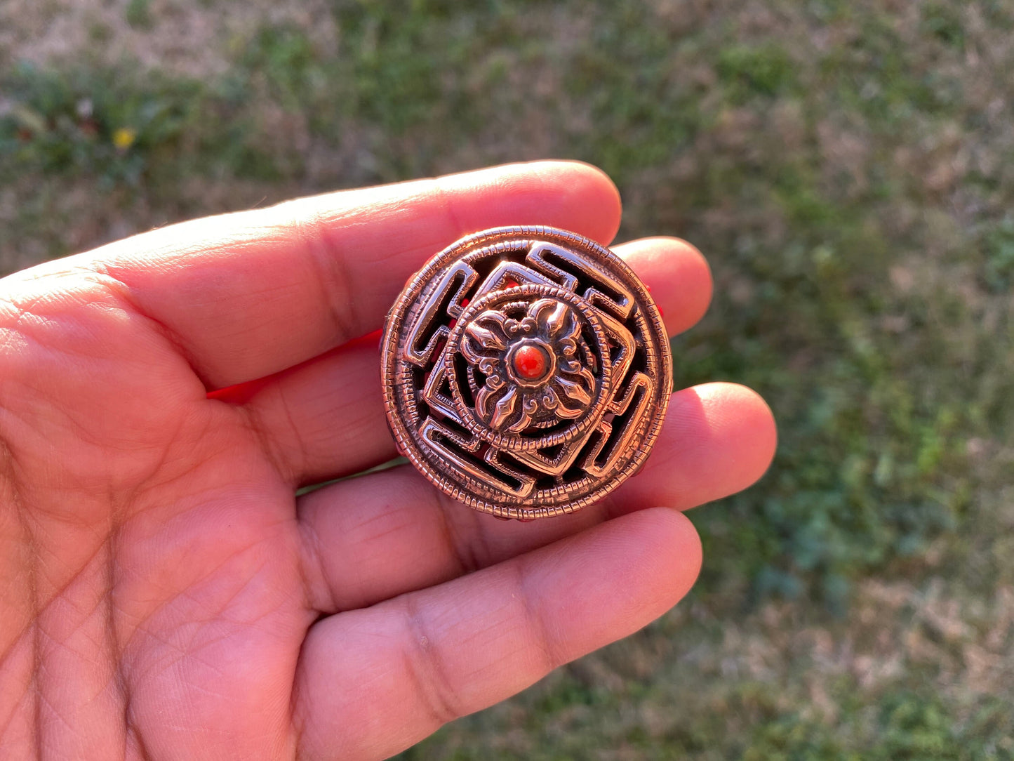 Large 39mm Tibetan Copper Bead with Coral or Turquoise, Spacer Bead, Guru Bead, Handmade Beads, Metal Bead for Necklace, Hill tribe Jewelry