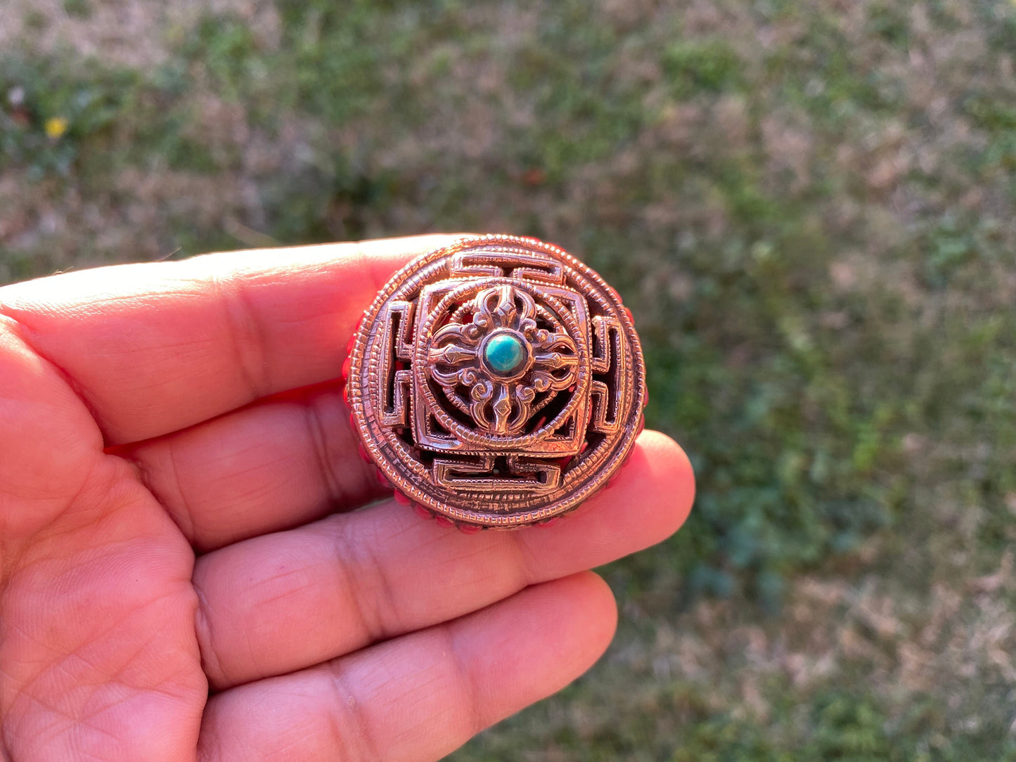 Large 39mm Tibetan Copper Bead with Coral or Turquoise, Spacer Bead, Guru Bead, Handmade Beads, Metal Bead for Necklace, Hill tribe Jewelry