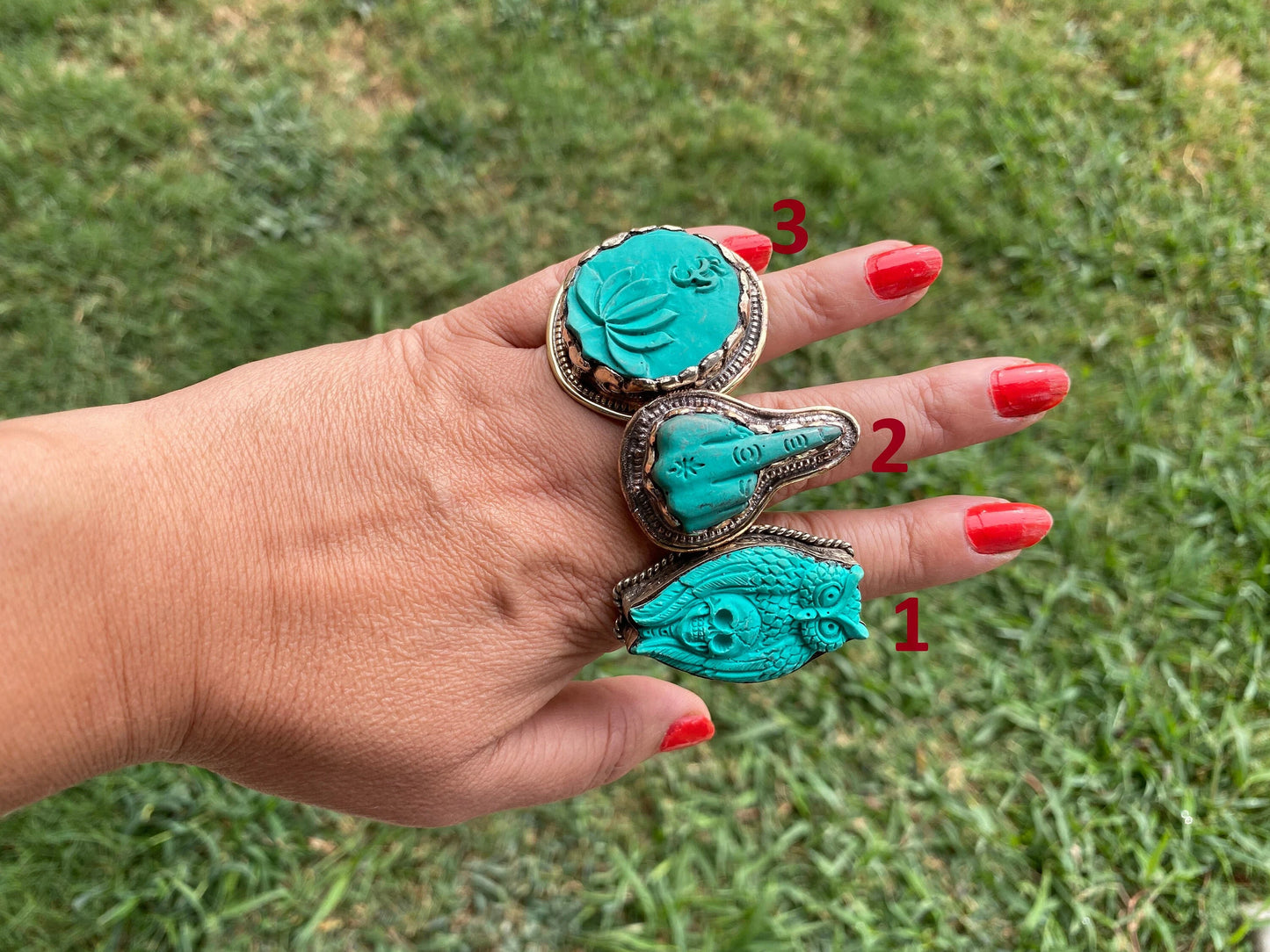 Large Adjustable Compressed Turquoise Tibetan Silver Ring, Owl with Skull, Middle Finger or Lotus with Om Carved Rings, Statement Big Ring