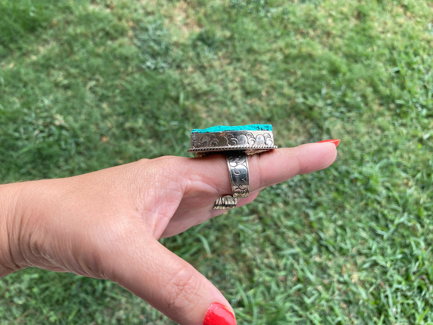 Large Adjustable Compressed Turquoise Tibetan Silver Ring, Owl with Skull, Middle Finger or Lotus with Om Carved Rings, Statement Big Ring