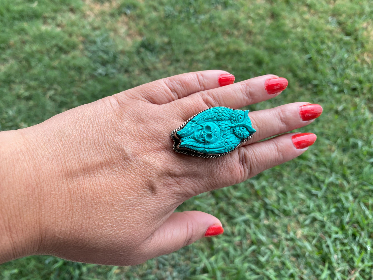Large Adjustable Compressed Turquoise Tibetan Silver Ring, Owl with Skull, Middle Finger or Lotus with Om Carved Rings, Statement Big Ring