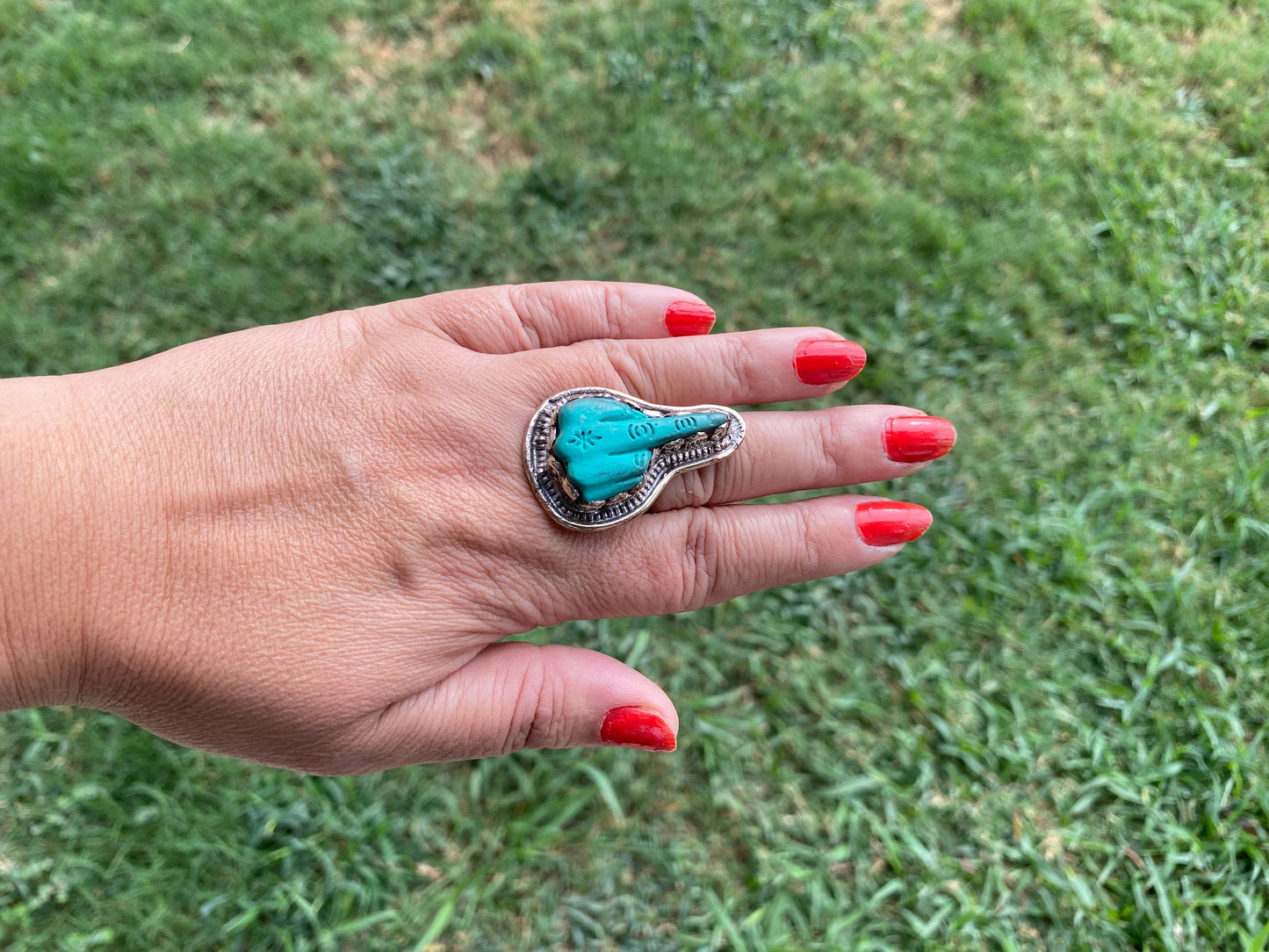 Large Adjustable Compressed Turquoise Tibetan Silver Ring, Owl with Skull, Middle Finger or Lotus with Om Carved Rings, Statement Big Ring